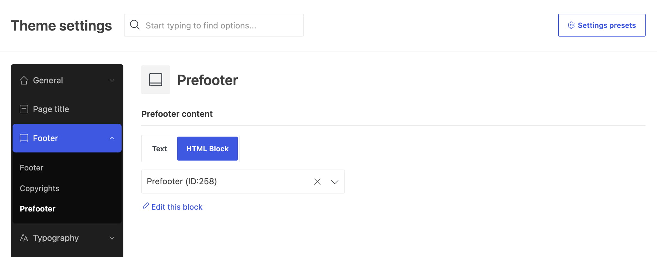 Theme settings page showing the Prefooter footer block selected