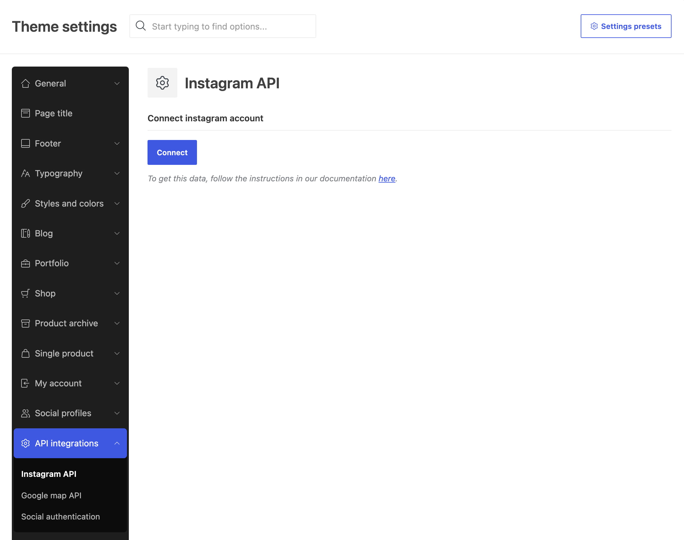 Theme settings page showing Instagram API integration, with a Connect button and API integrations menu selected