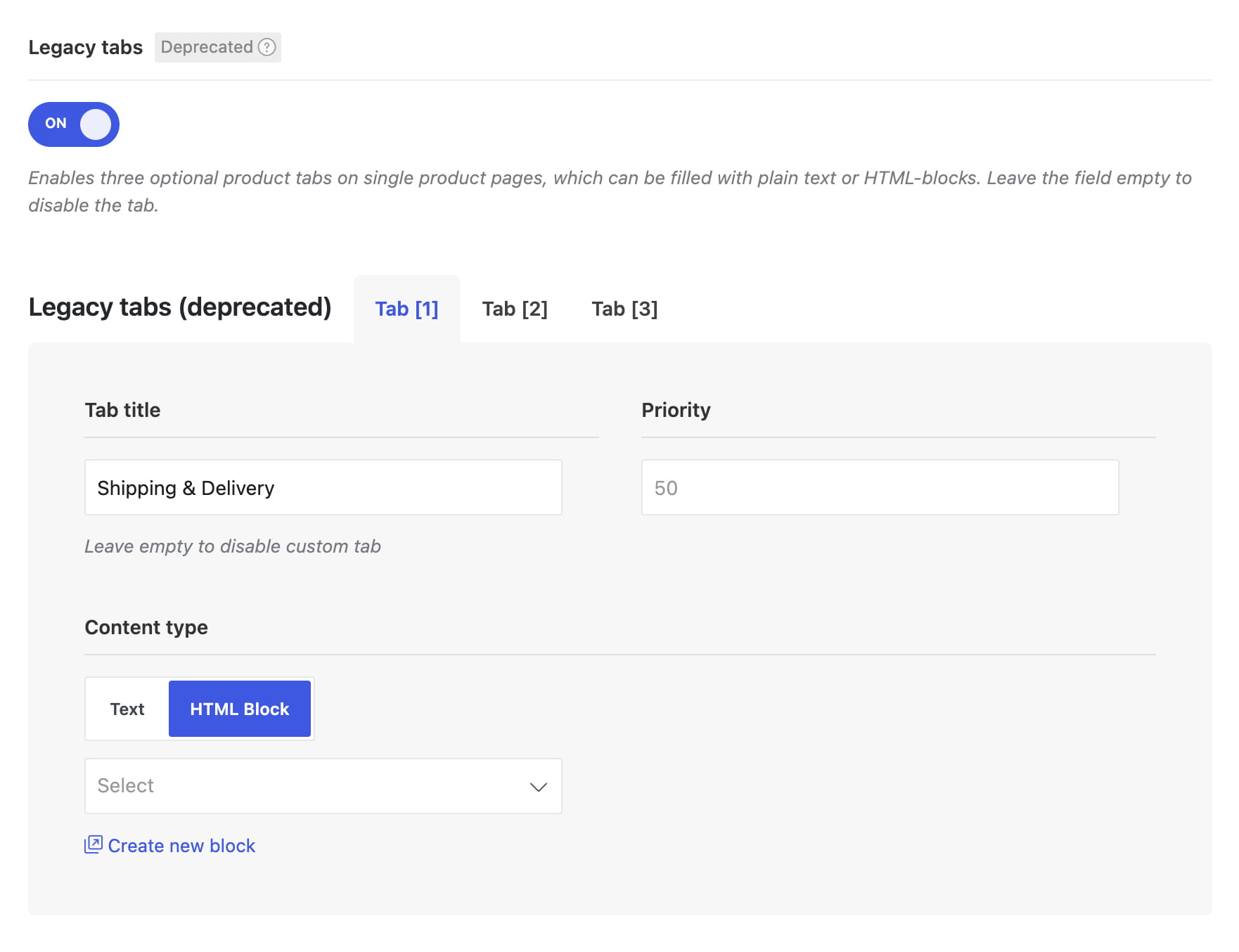Legacy tabs settings for a product page
