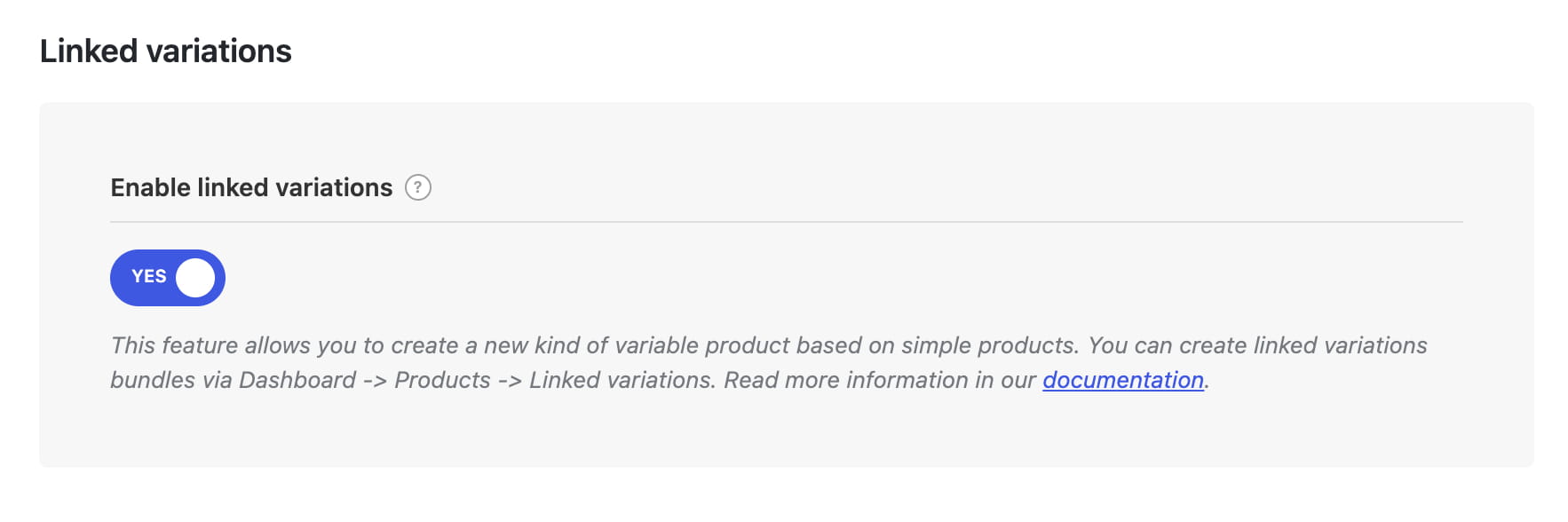 Linked variations settings screen with the feature turned on