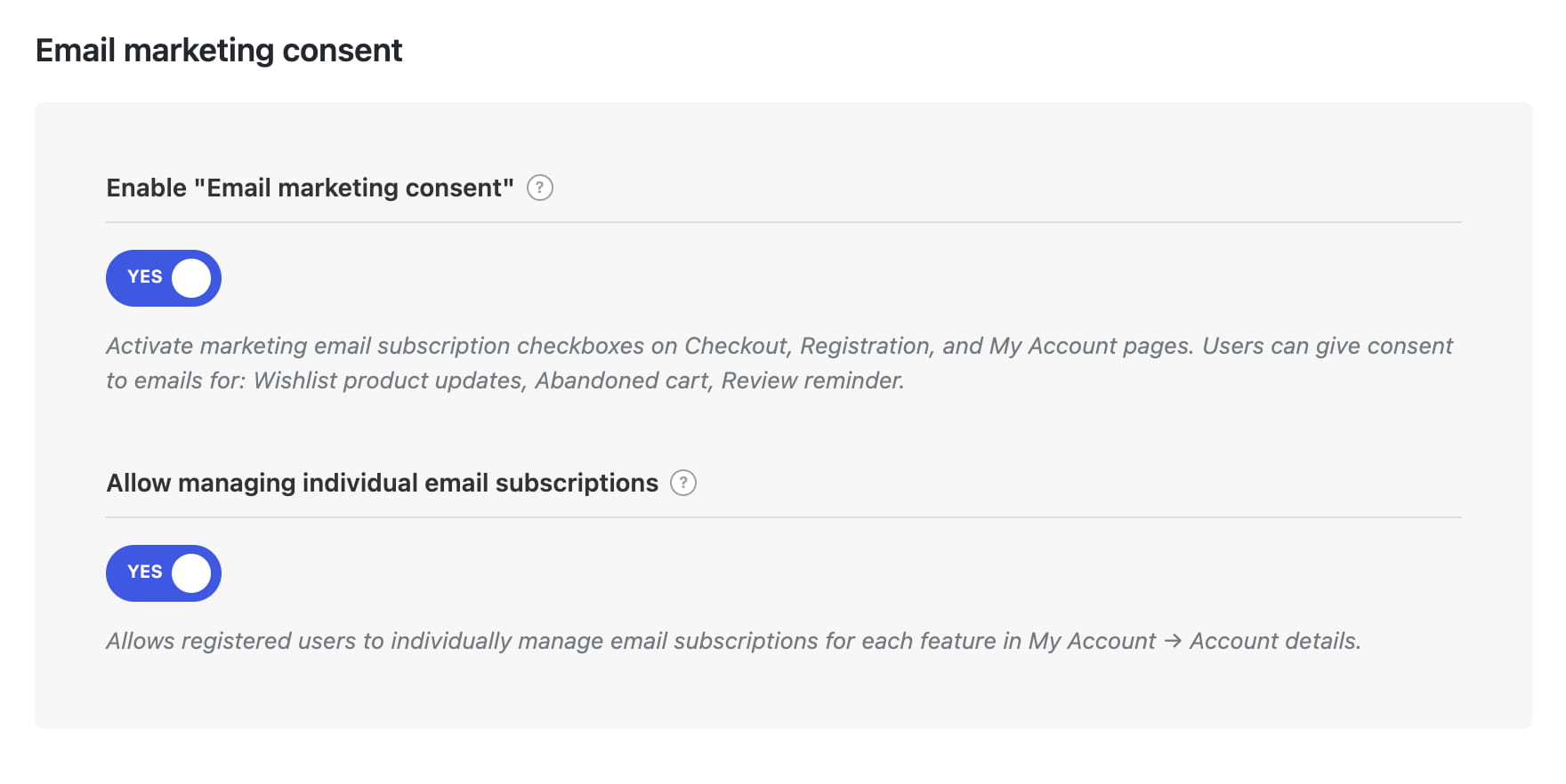 Email marketing consent settings with two enabled toggles for consent and individual subscriptions