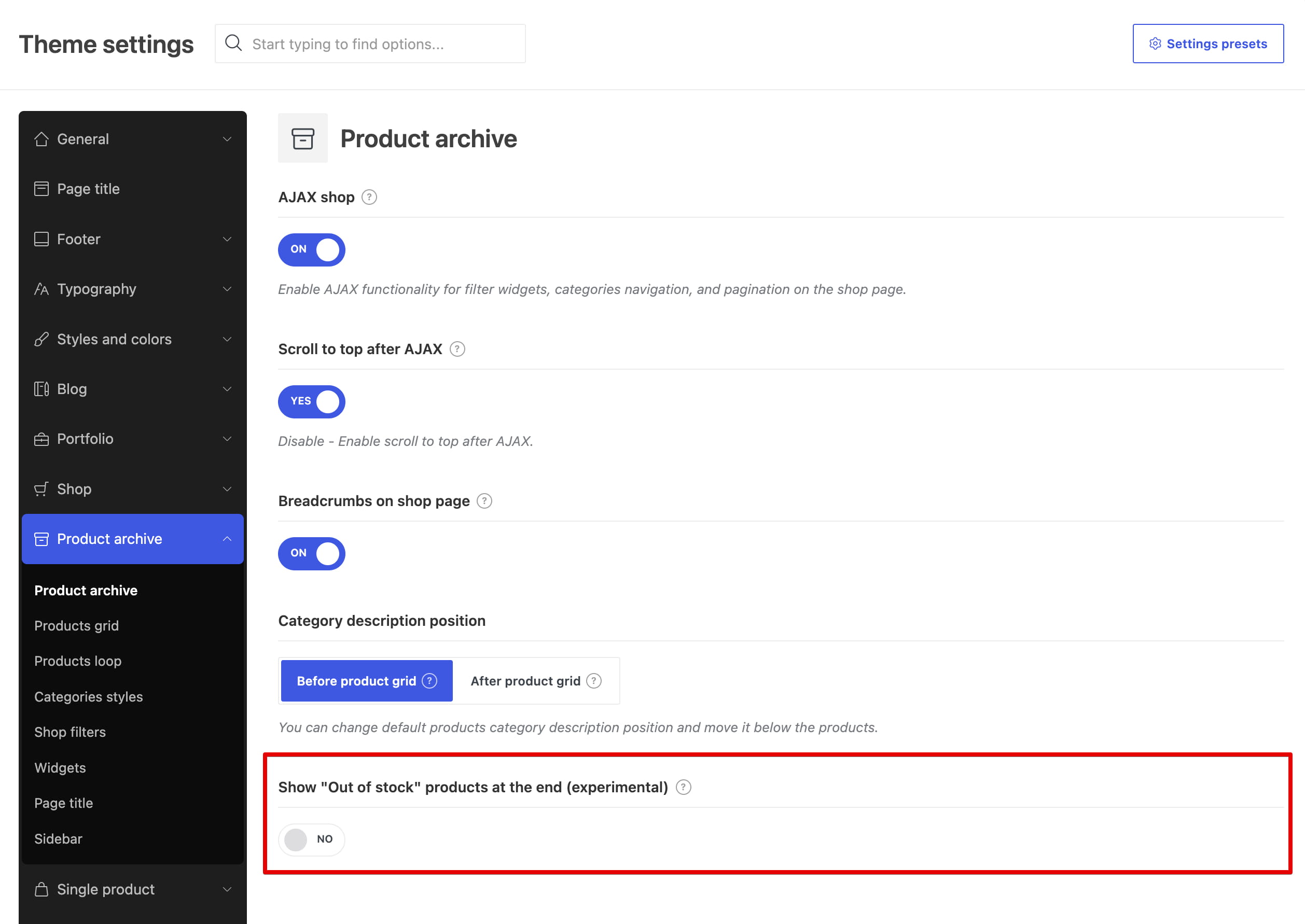 Product archive theme settings showing the highlighted, disabled “Show out-of-stock products at the end” option