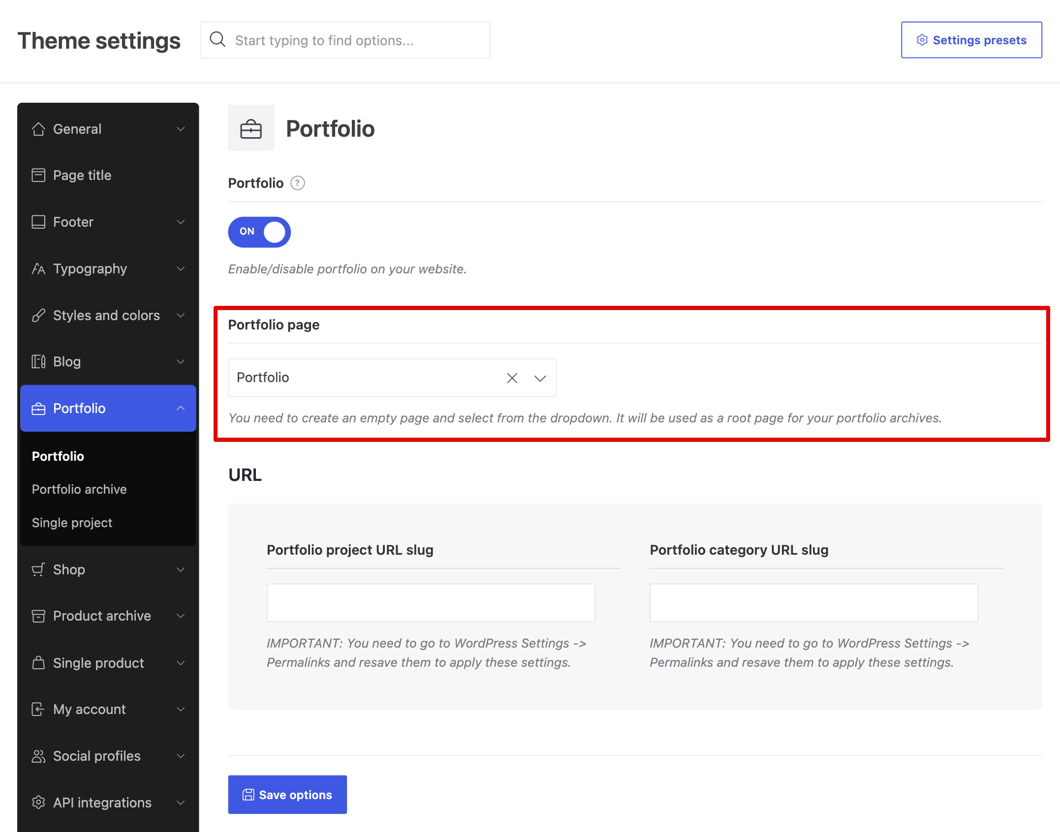 Portfolio settings screen with portfolio page, URL slug, and save options