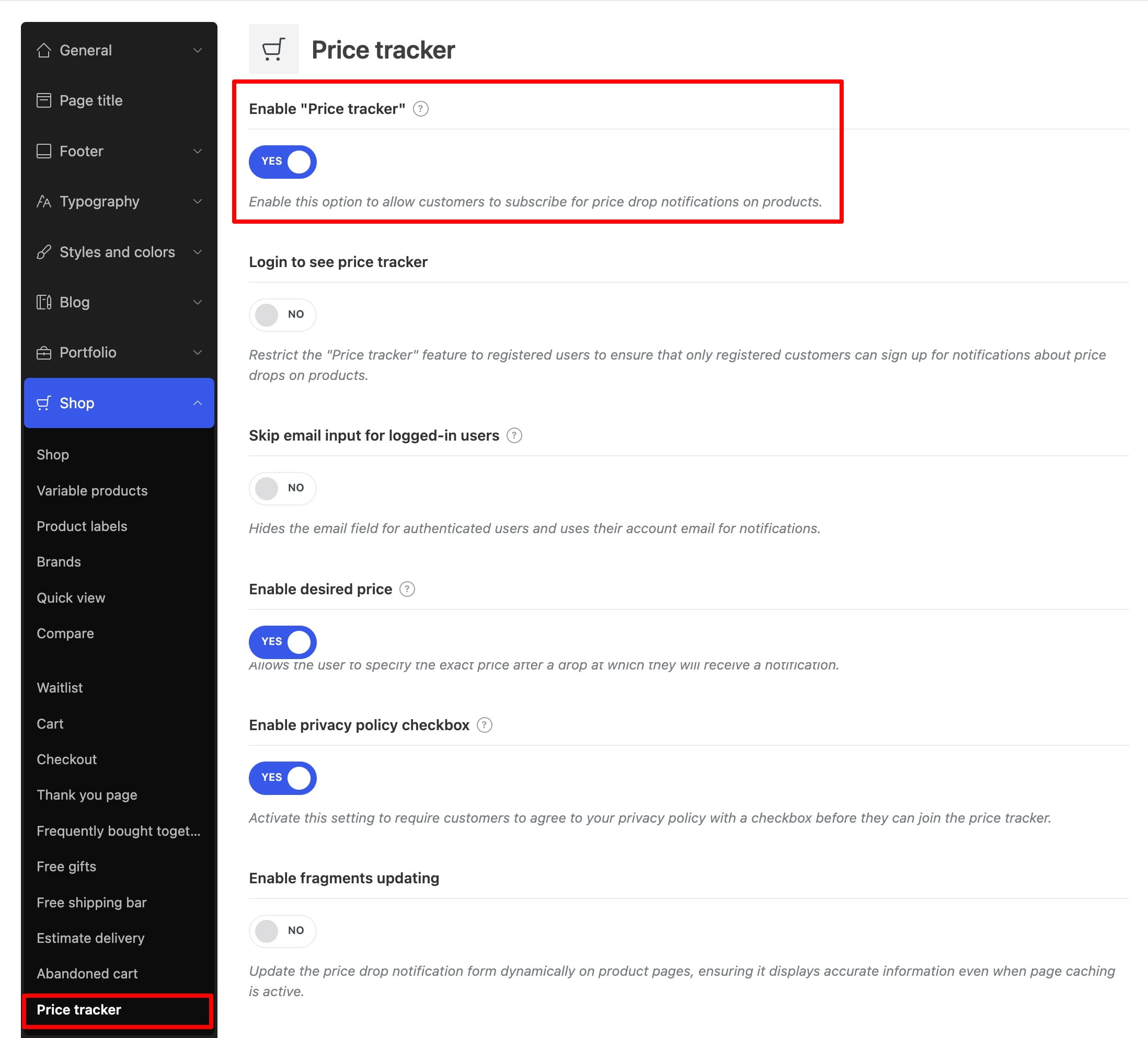 Price tracker settings page with the Enable “Price tracker” toggle turned on