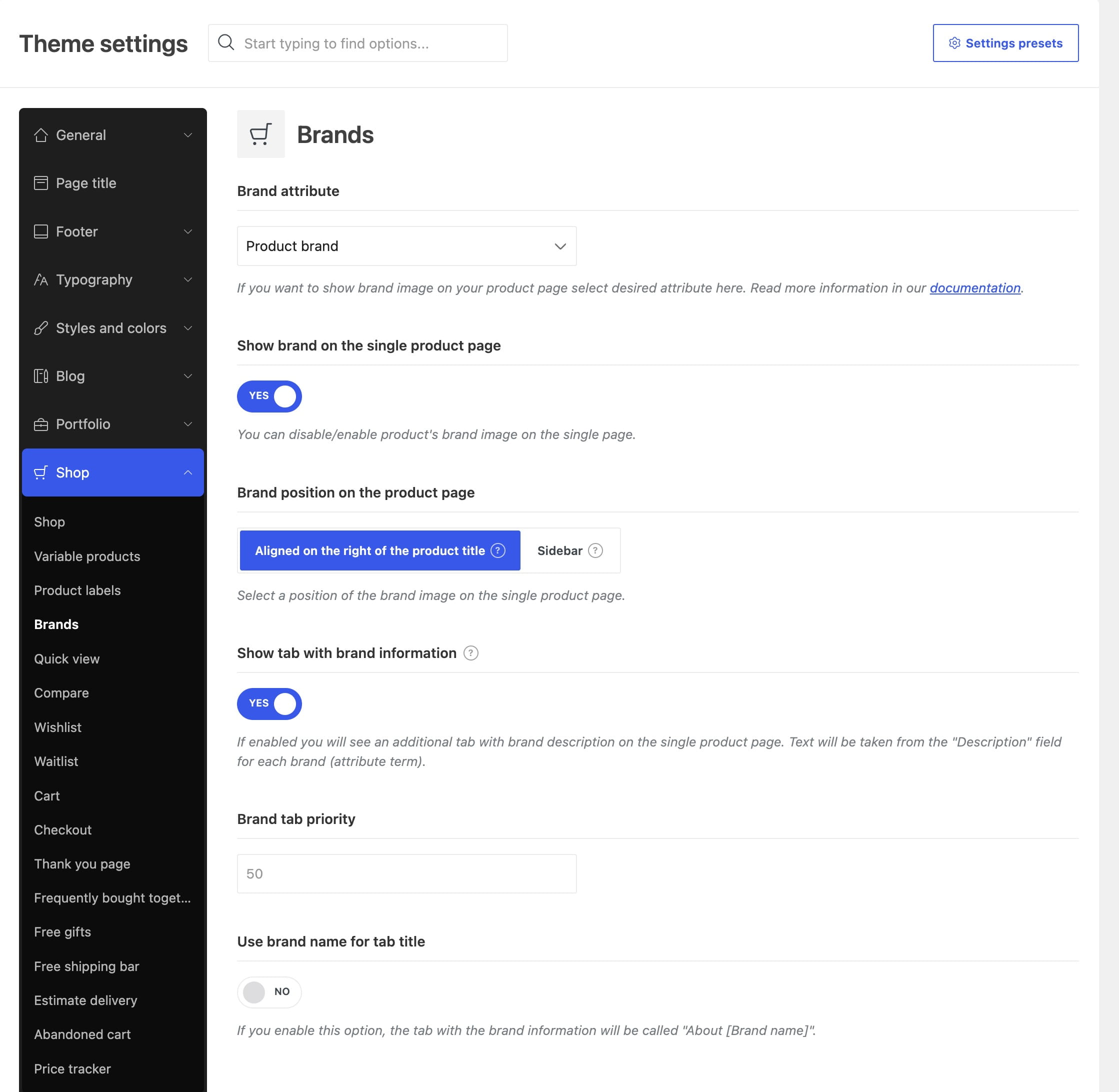 Theme settings page for Brands in a shop admin panel
