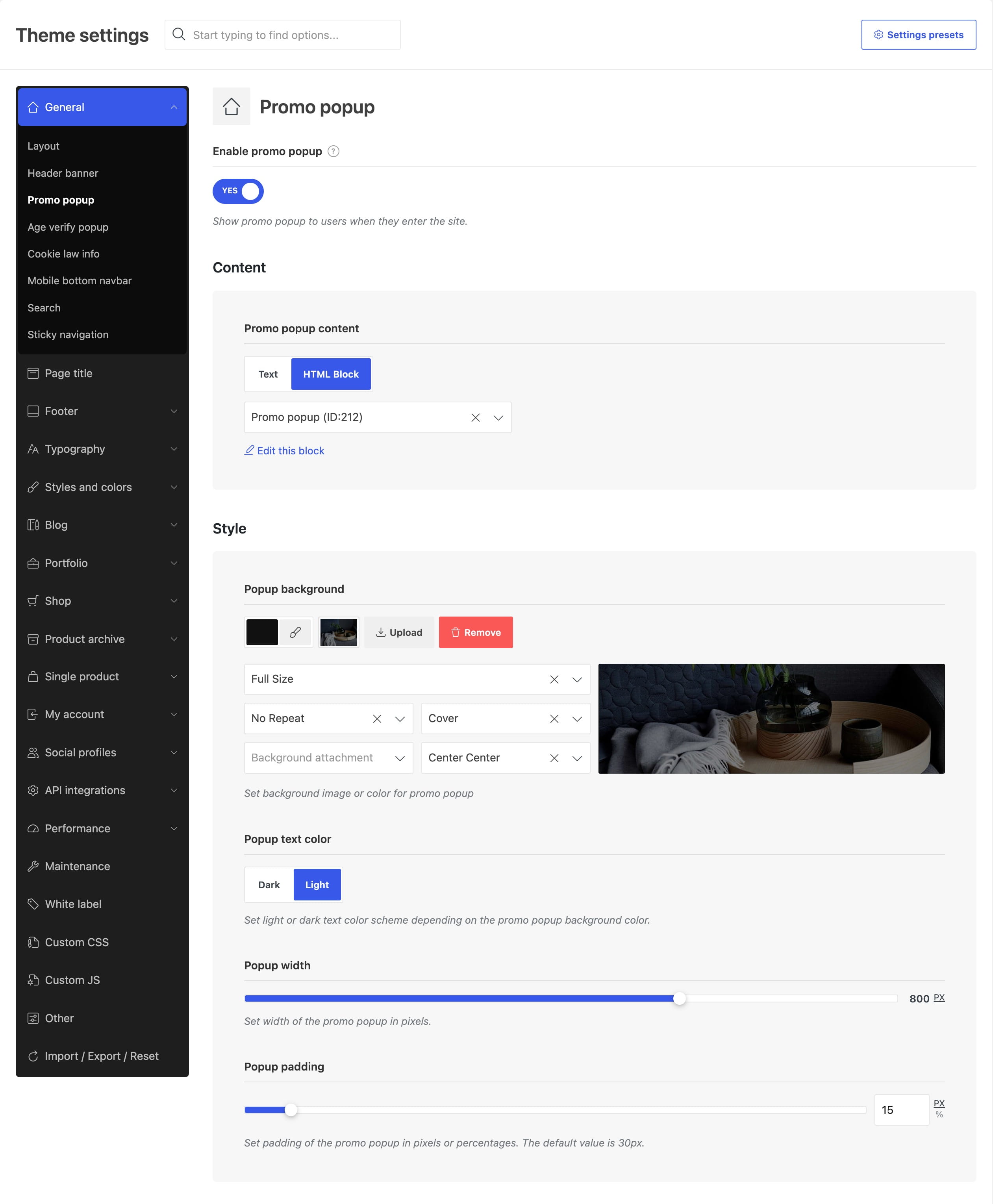 Theme settings interface showing Promo popup enabled with a background image, light text, 800 px width, and 15 px padding