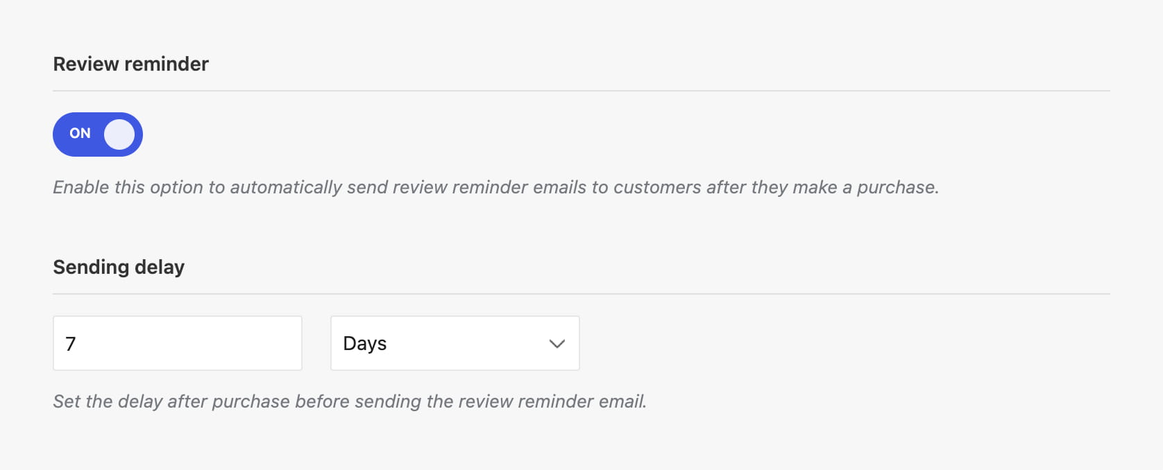 Review reminder settings in theme settings