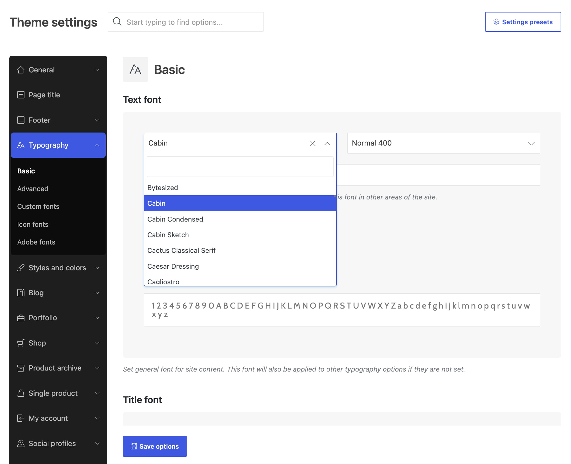 Theme settings page showing Typography > Basic with the Cabin font selected and font options open