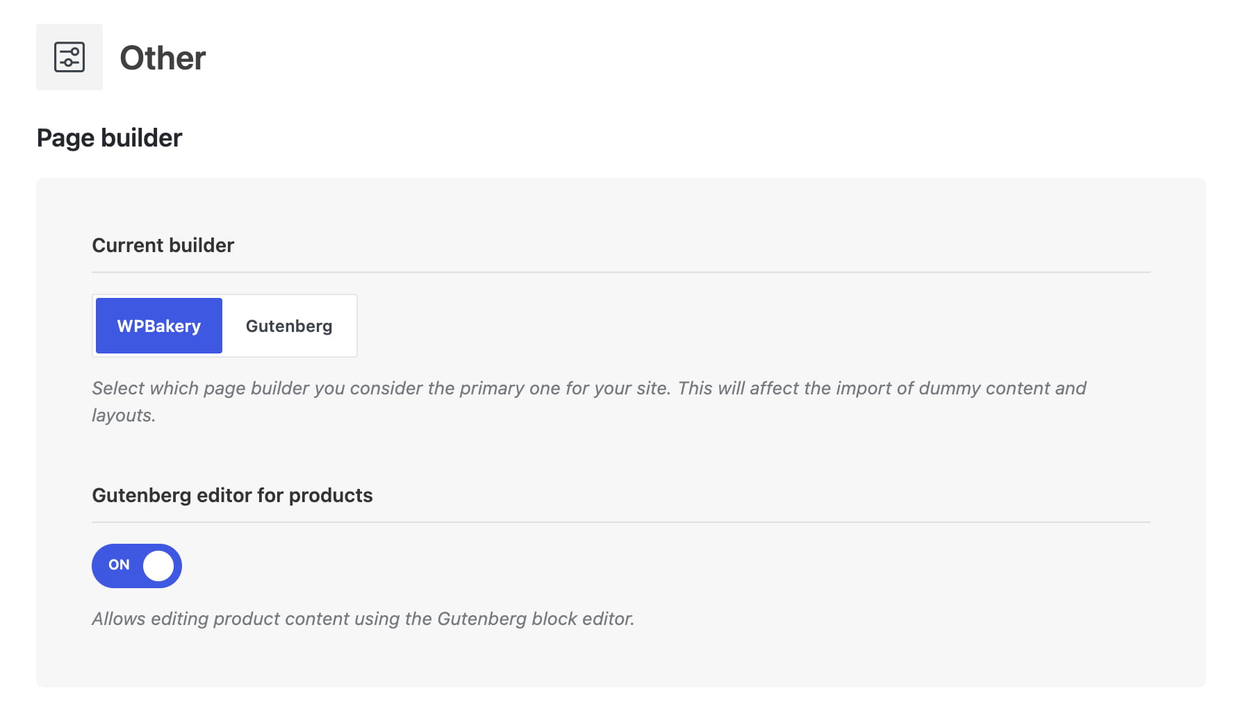 Option to select the page builder in theme settings