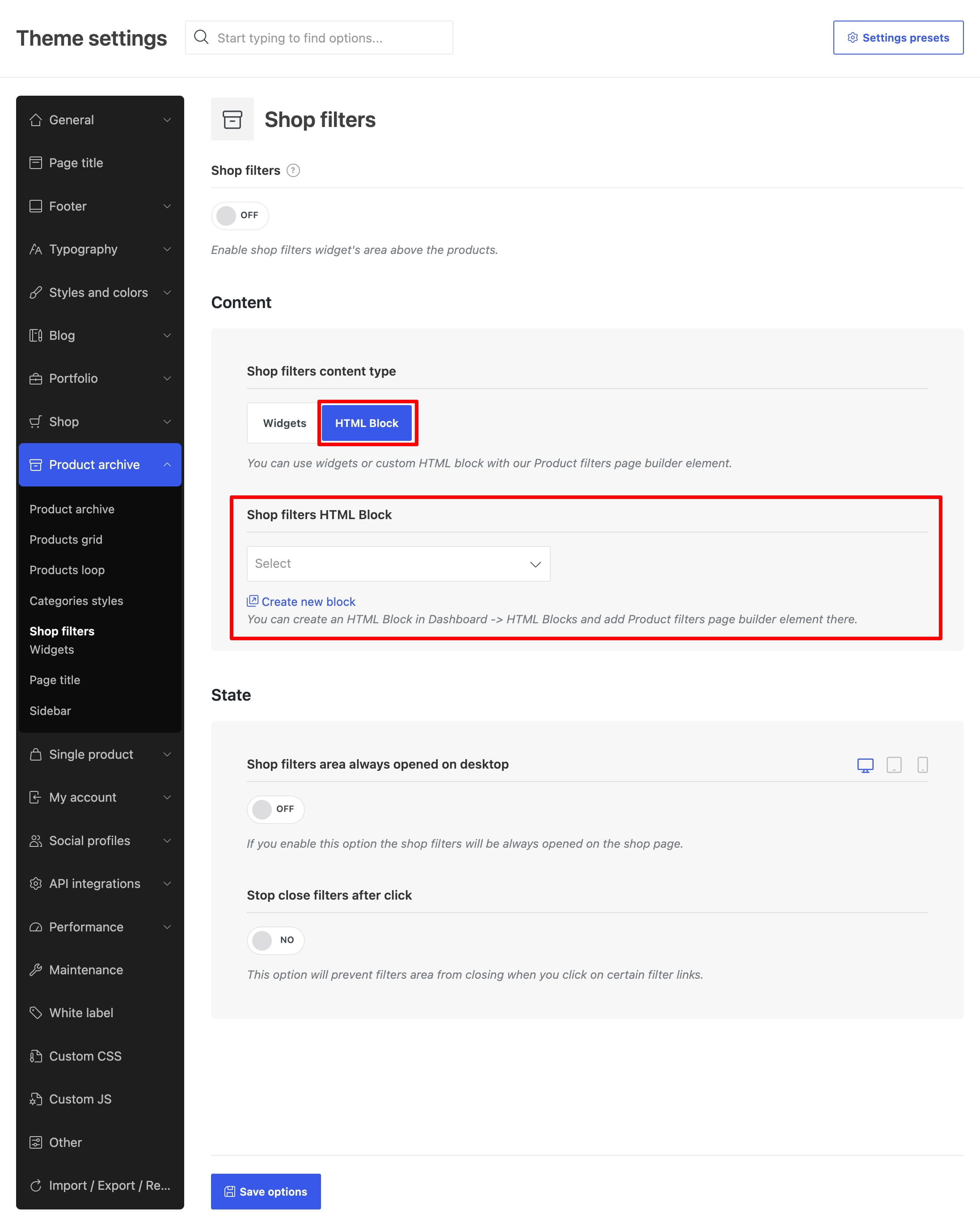 Shop filters settings with HTML Block selected