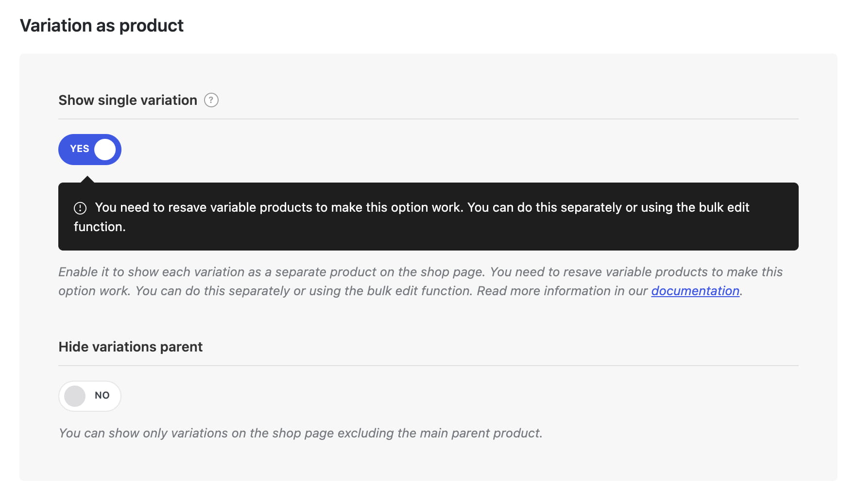 Show single variation and hide variations parent in theme settings