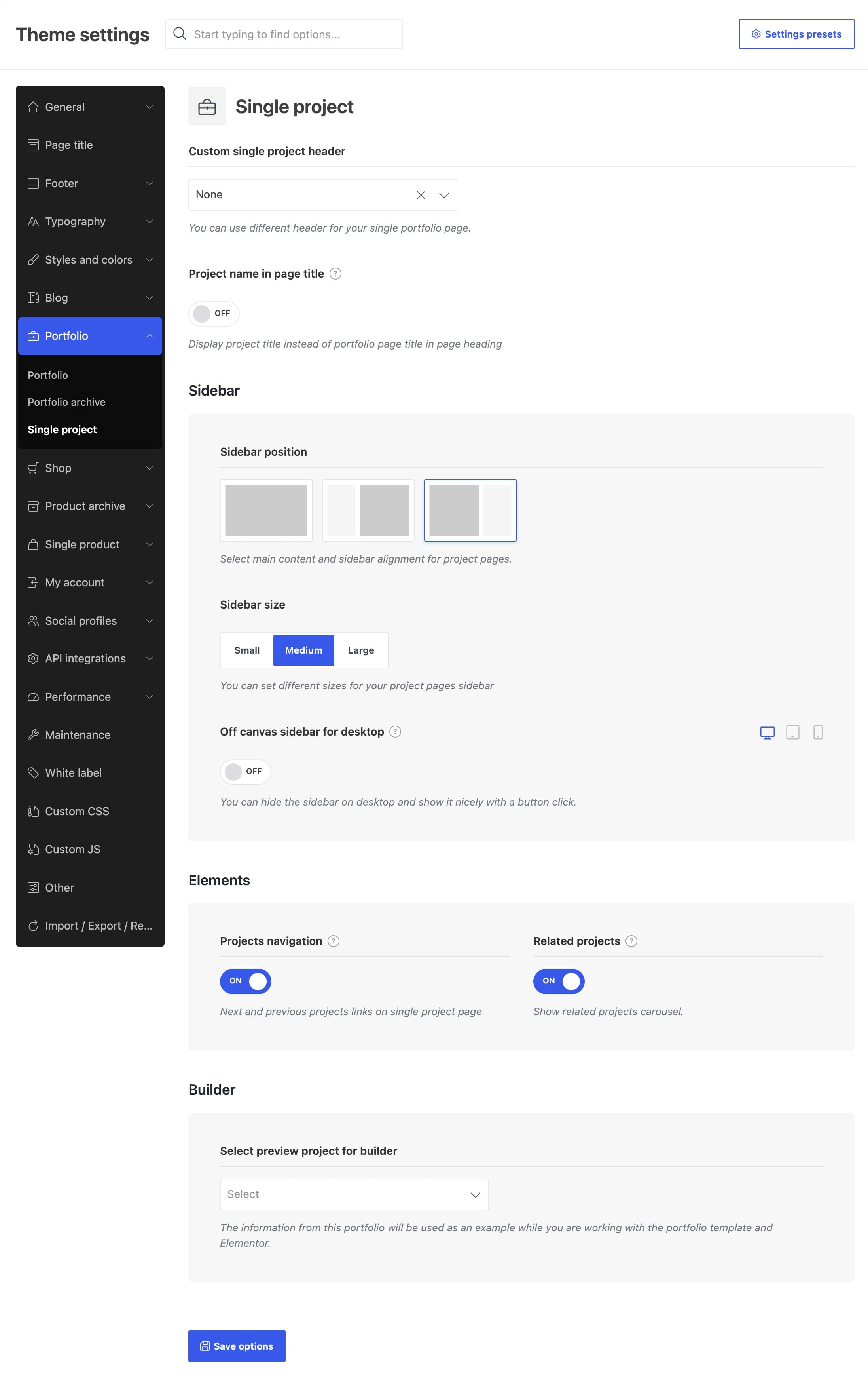 Theme settings for the Single project portfolio page, with sidebar and element options