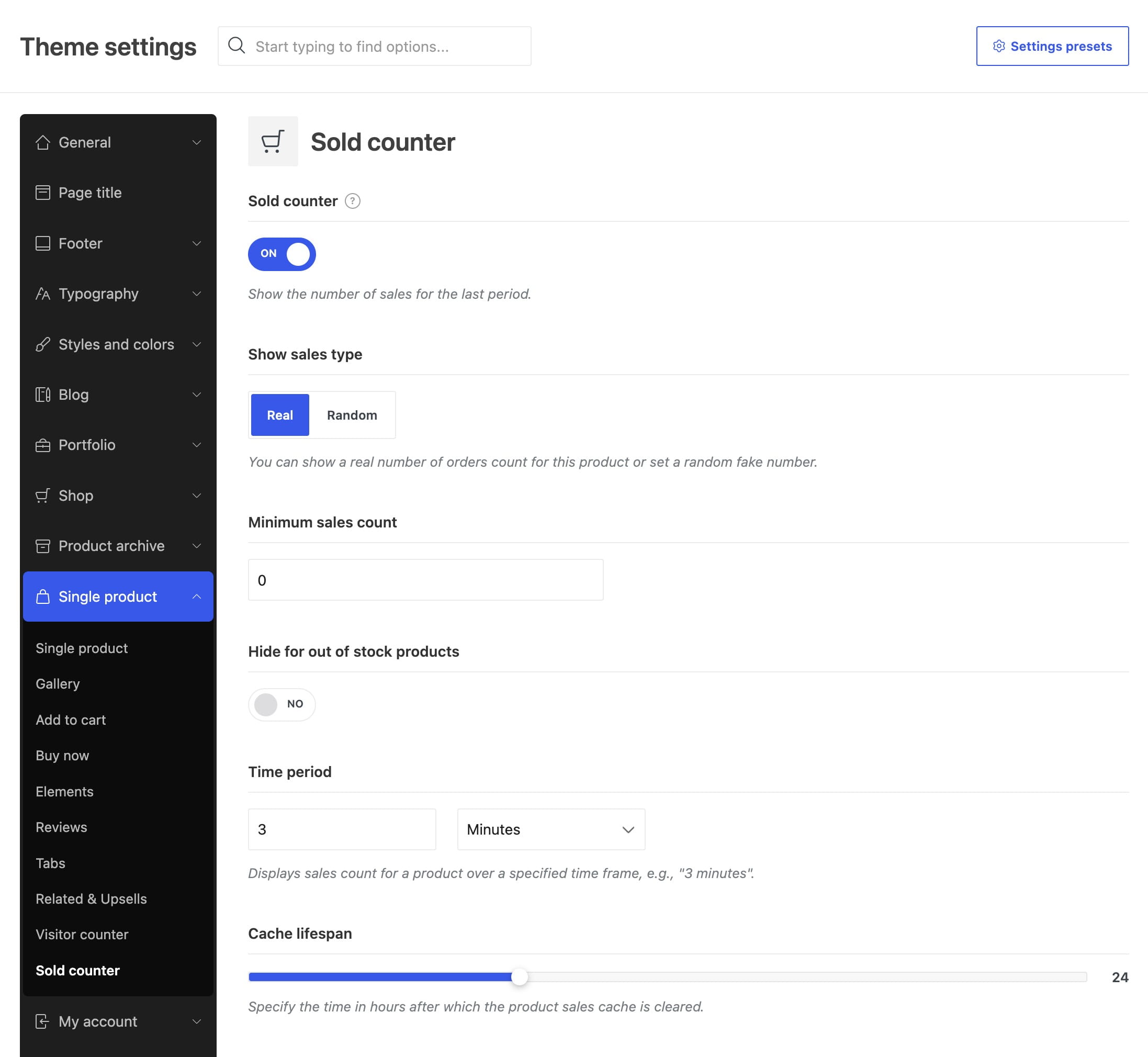 Sold counter theme settings panel with options for sales count, time period, and cache lifespan