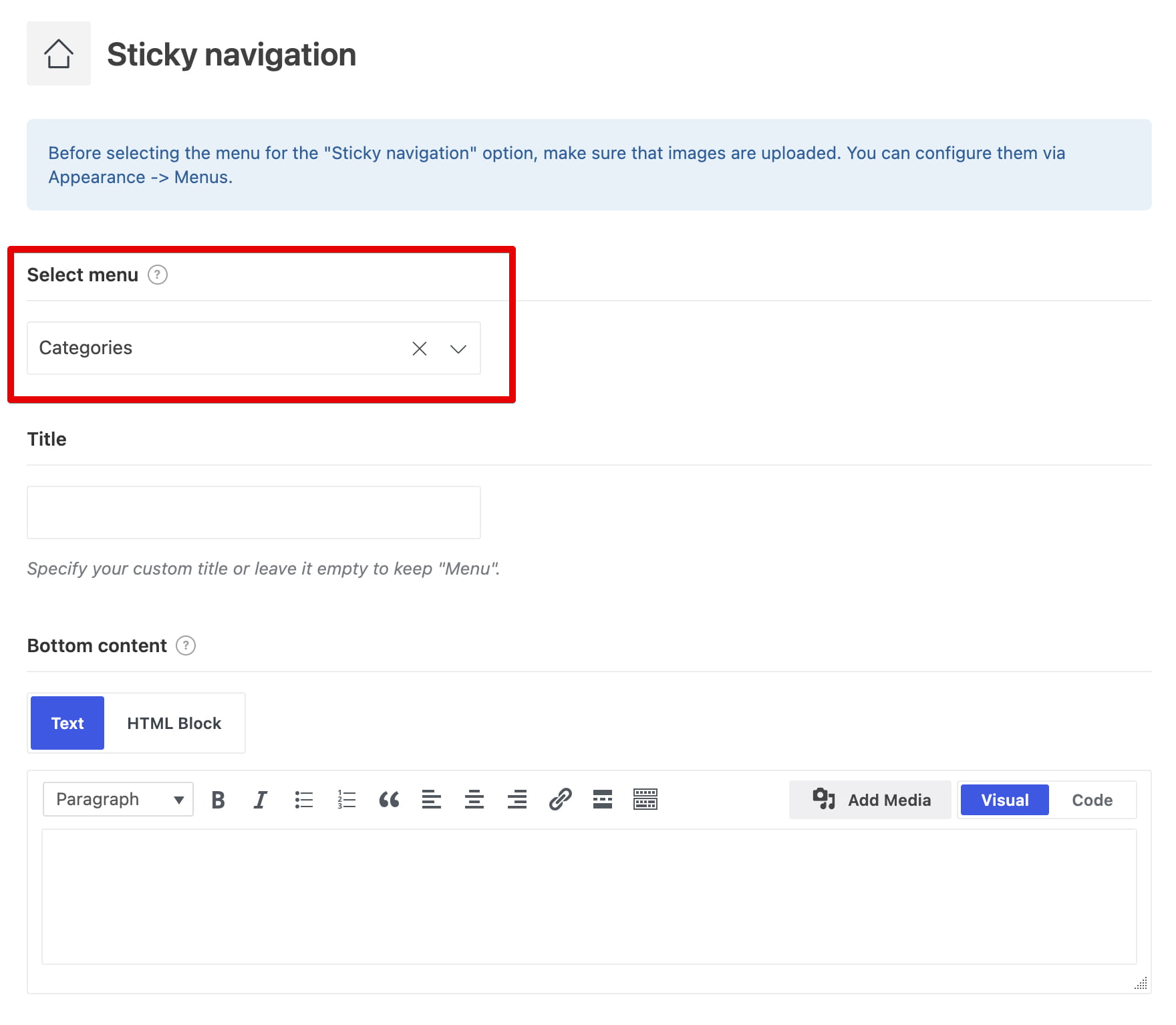 Sticky navigation menu settings with the Categories menu selected