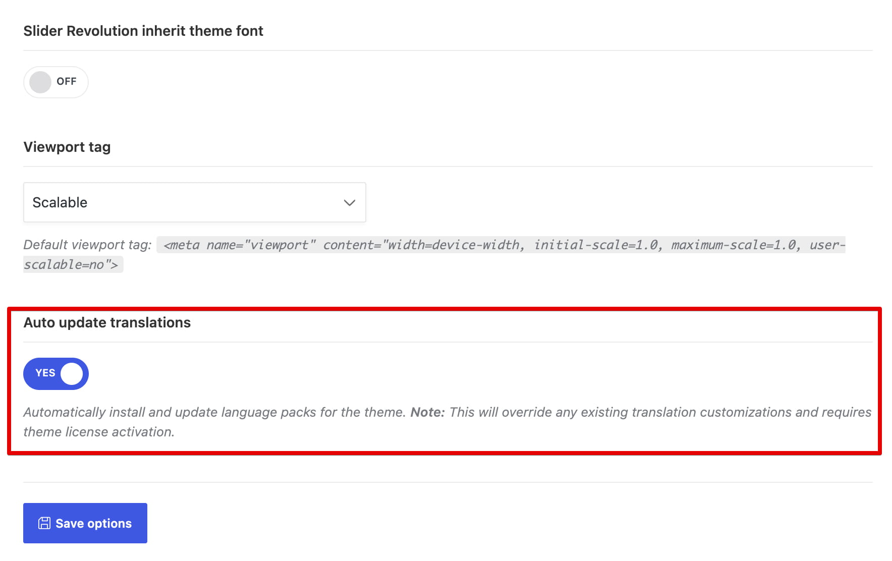 Settings screen showing Auto update translations enabled; language packs require theme license activation