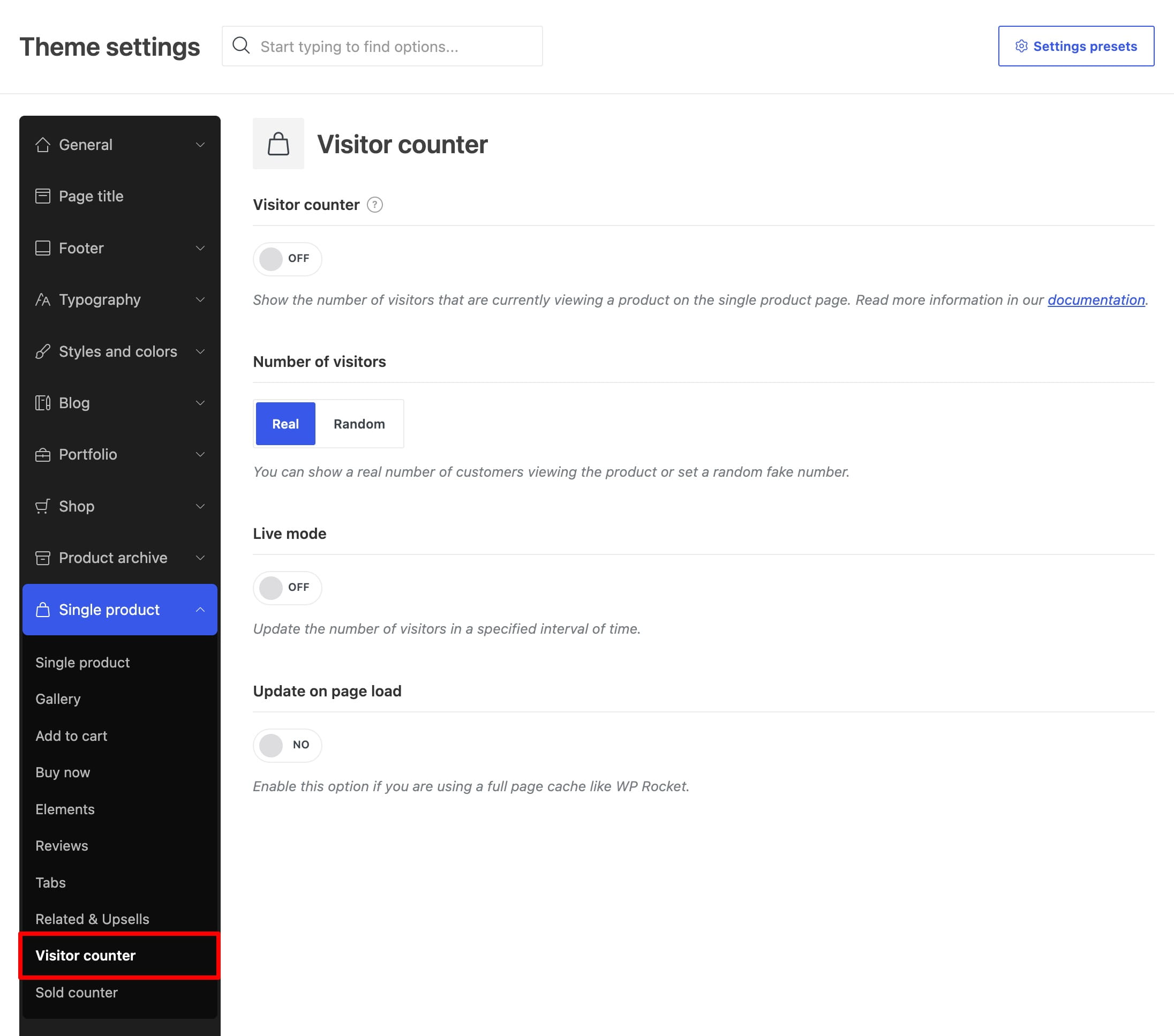 visitor counter backent settings page