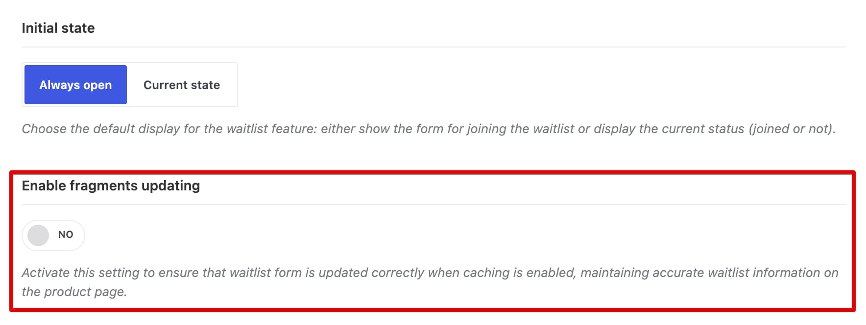 Enable fragments updating setting, currently off