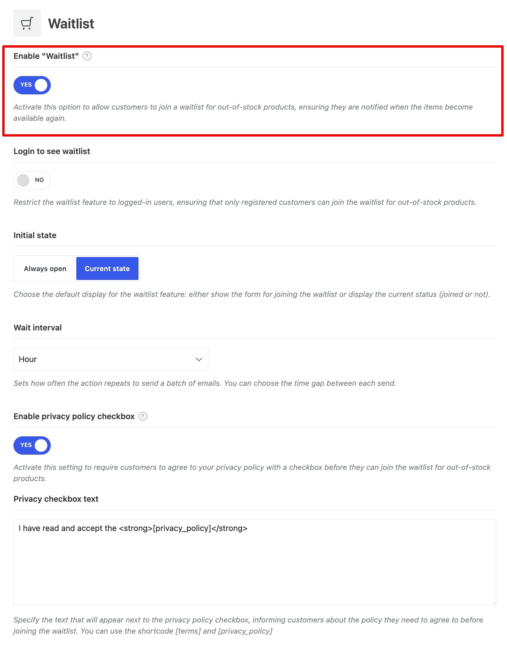 Waitlist settings: enable waitlist, login required, initial state, wait interval, and privacy policy checkbox