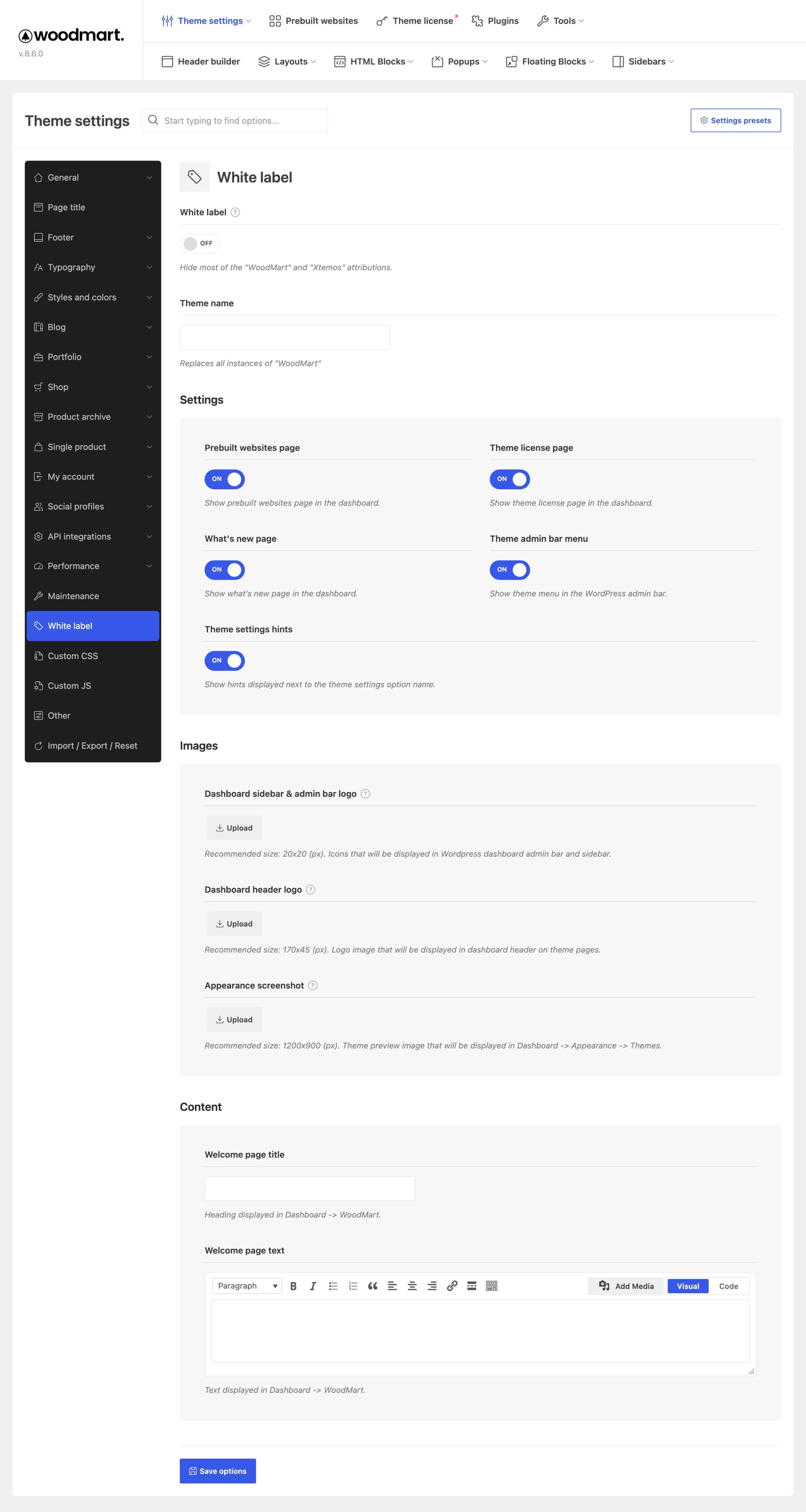 WoodMart theme settings screen showing White label options, image uploads, content fields, and Save options button