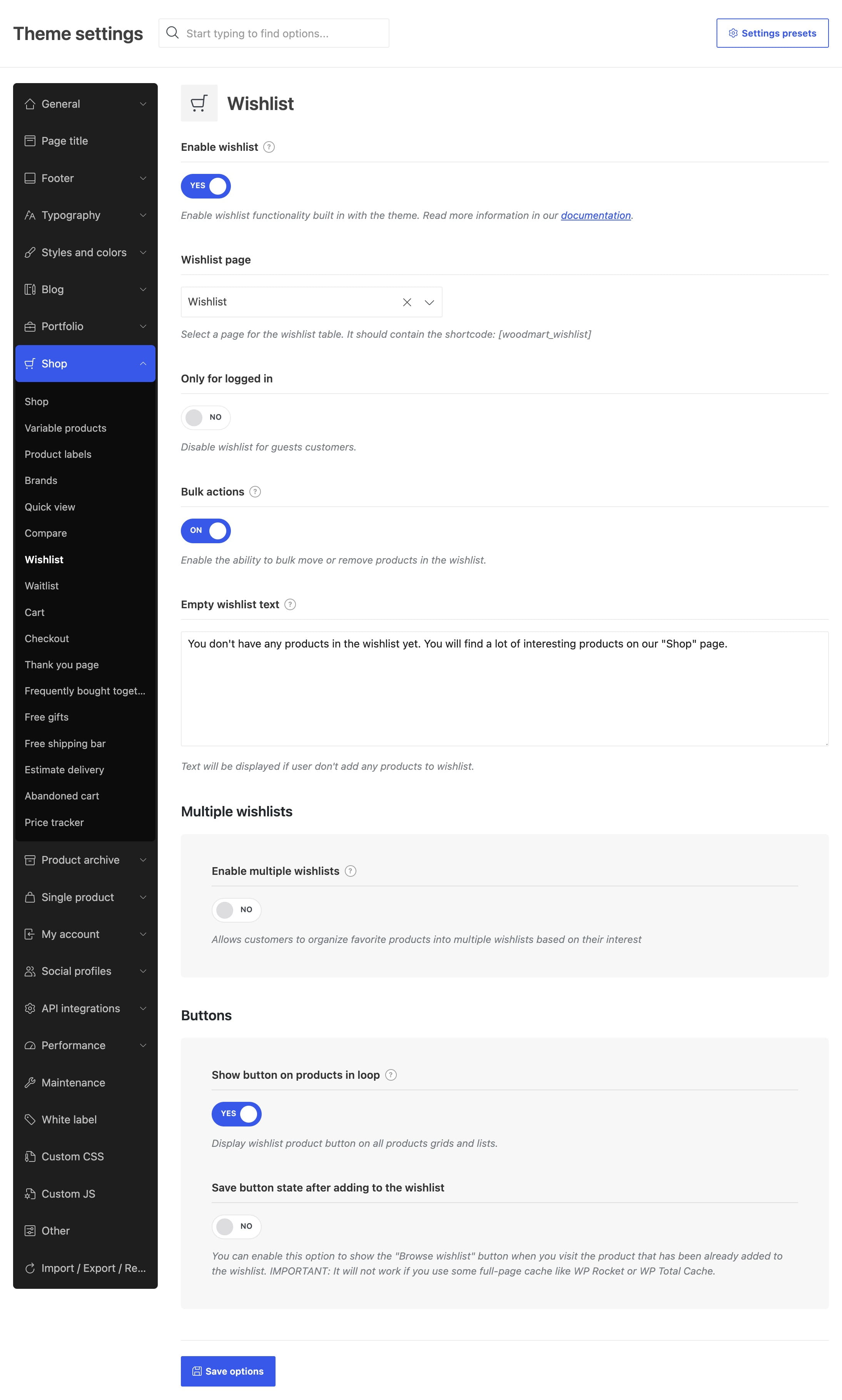 Theme settings page for wishlist options in an e-commerce admin panel
