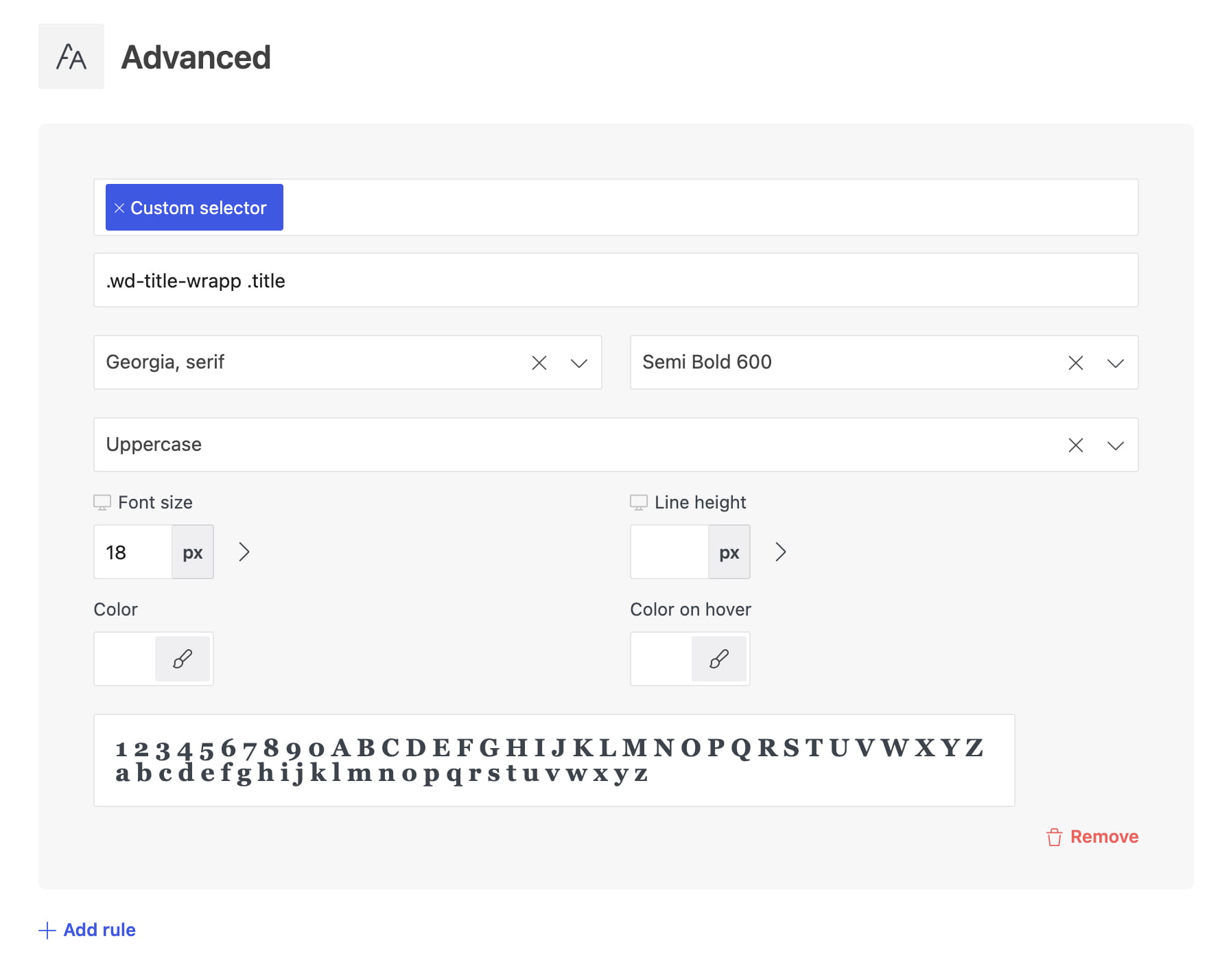 Advanced typography settings panel