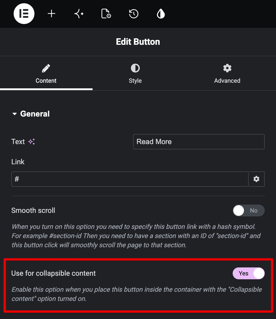 Button settings screen with “Use for collapsible content” enabled