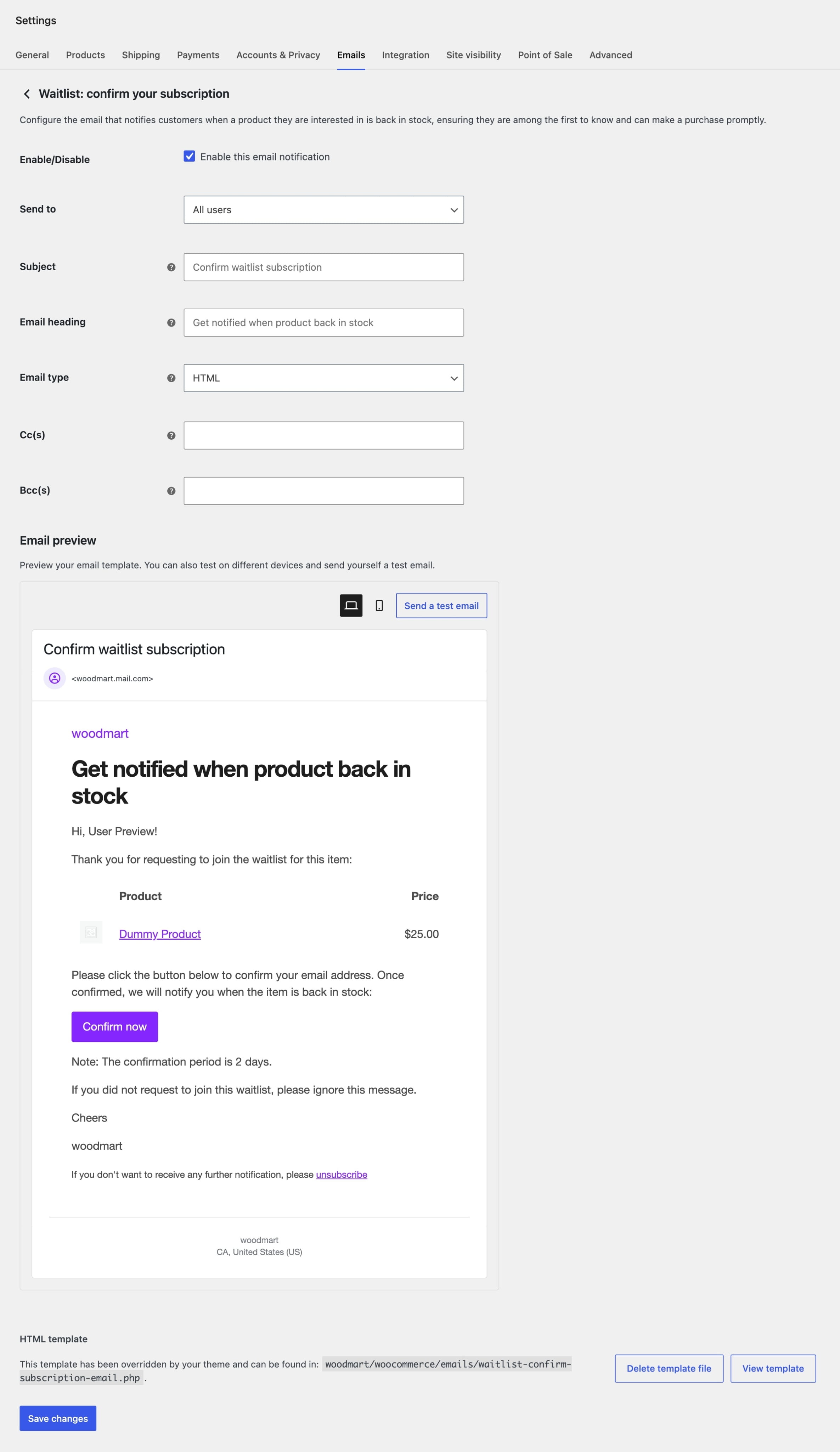 Settings page for the waitlist confirmation email template, with preview and save options