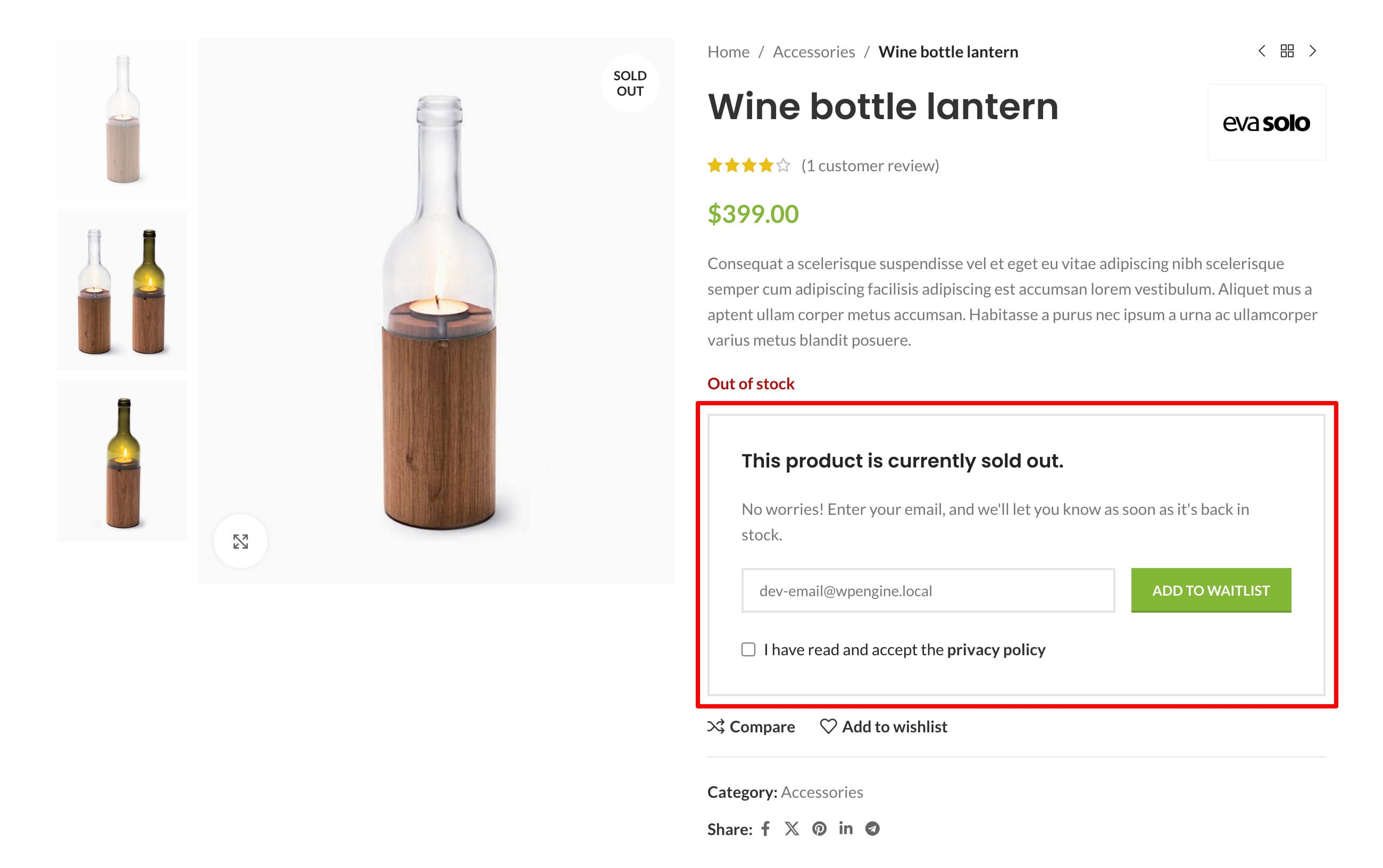 Waitlist on single product page