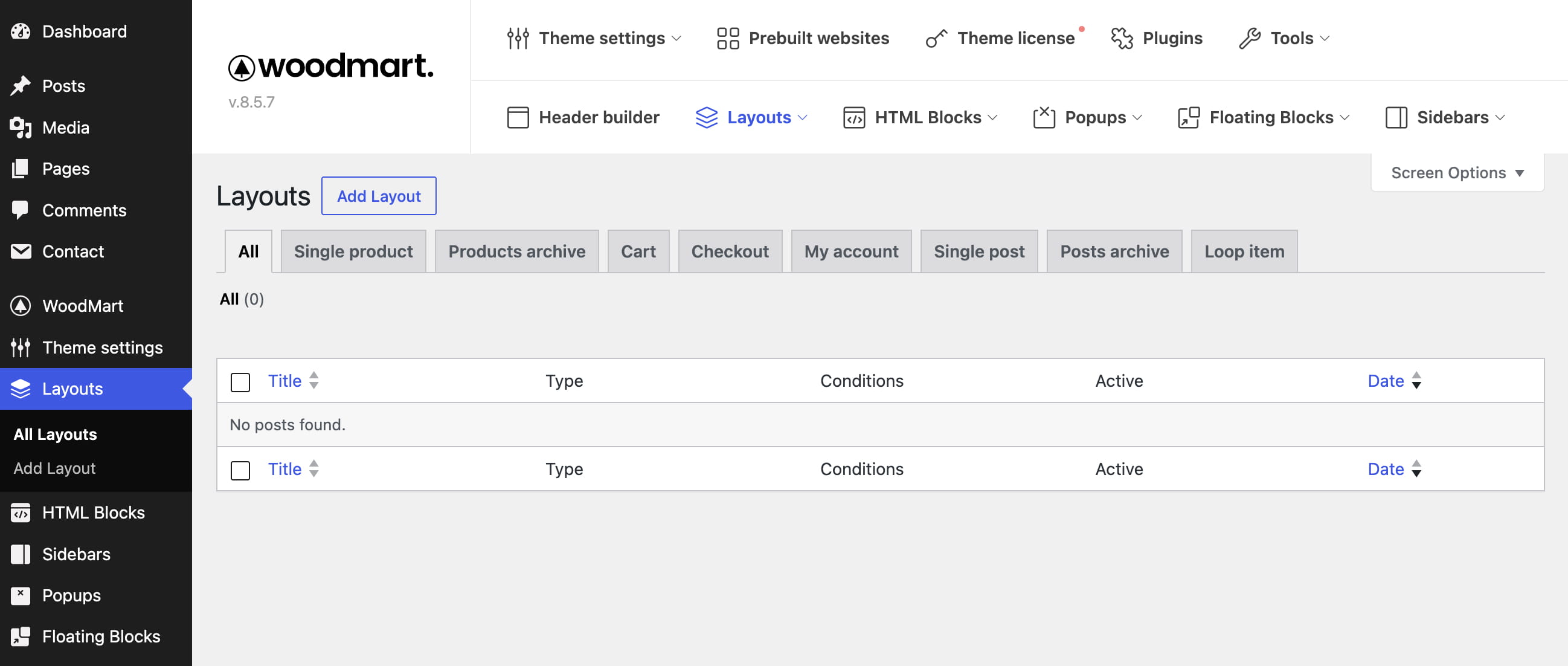 WoodMart theme layouts page