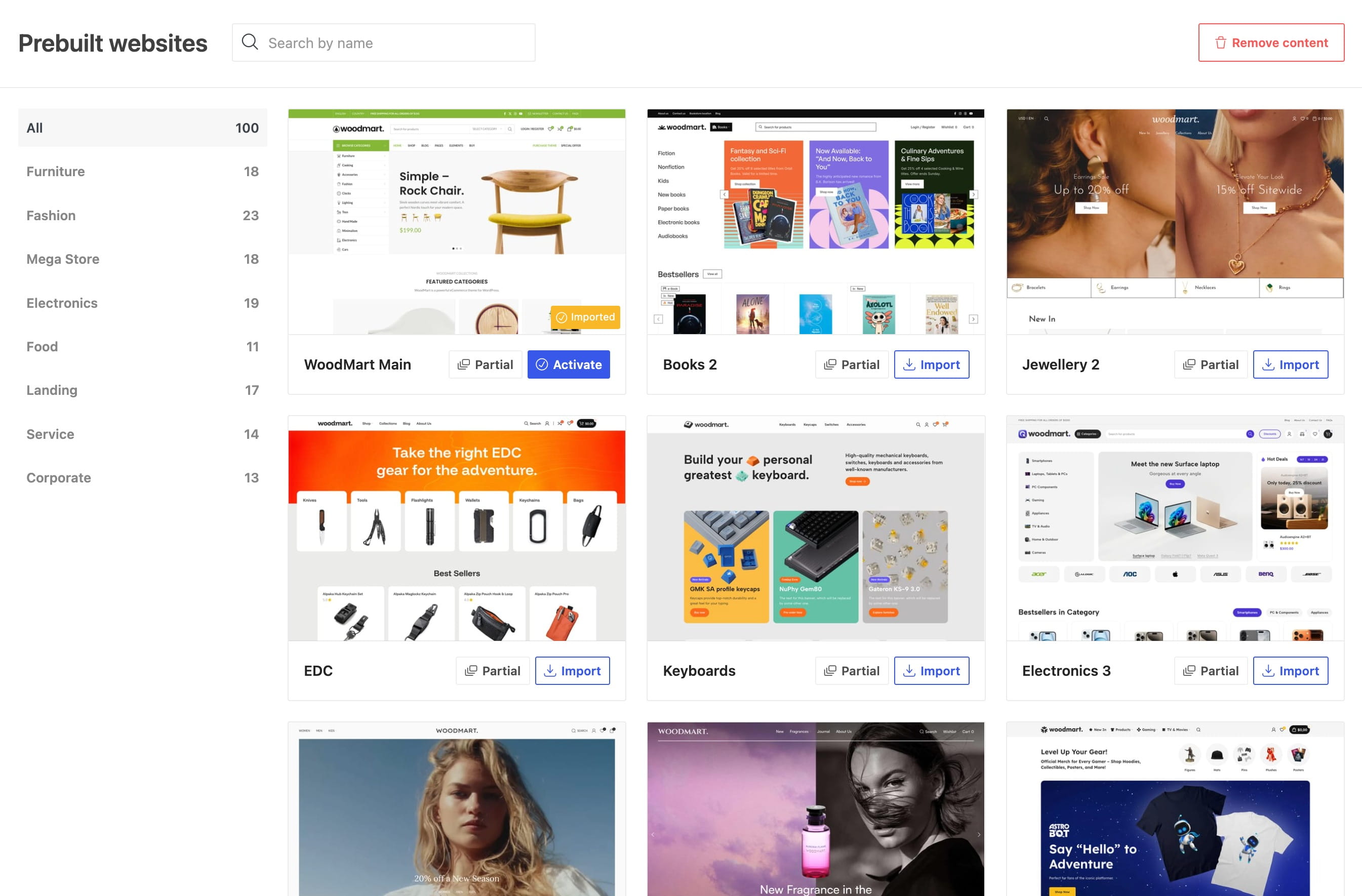 Prebuilt website template gallery with category filters and cards offering partial import or activation