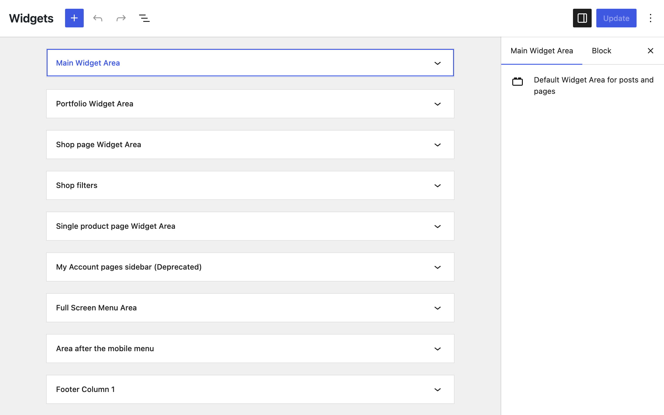 widgets areas backend