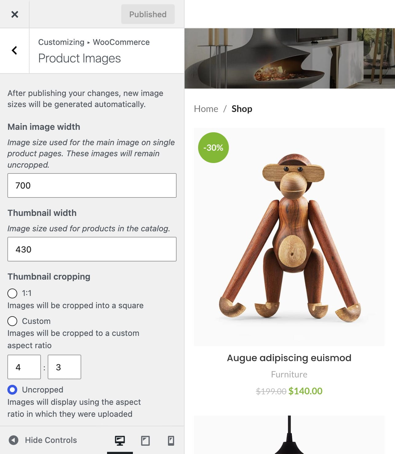 WooCommerce Product Images settings panel with product image size and cropping options