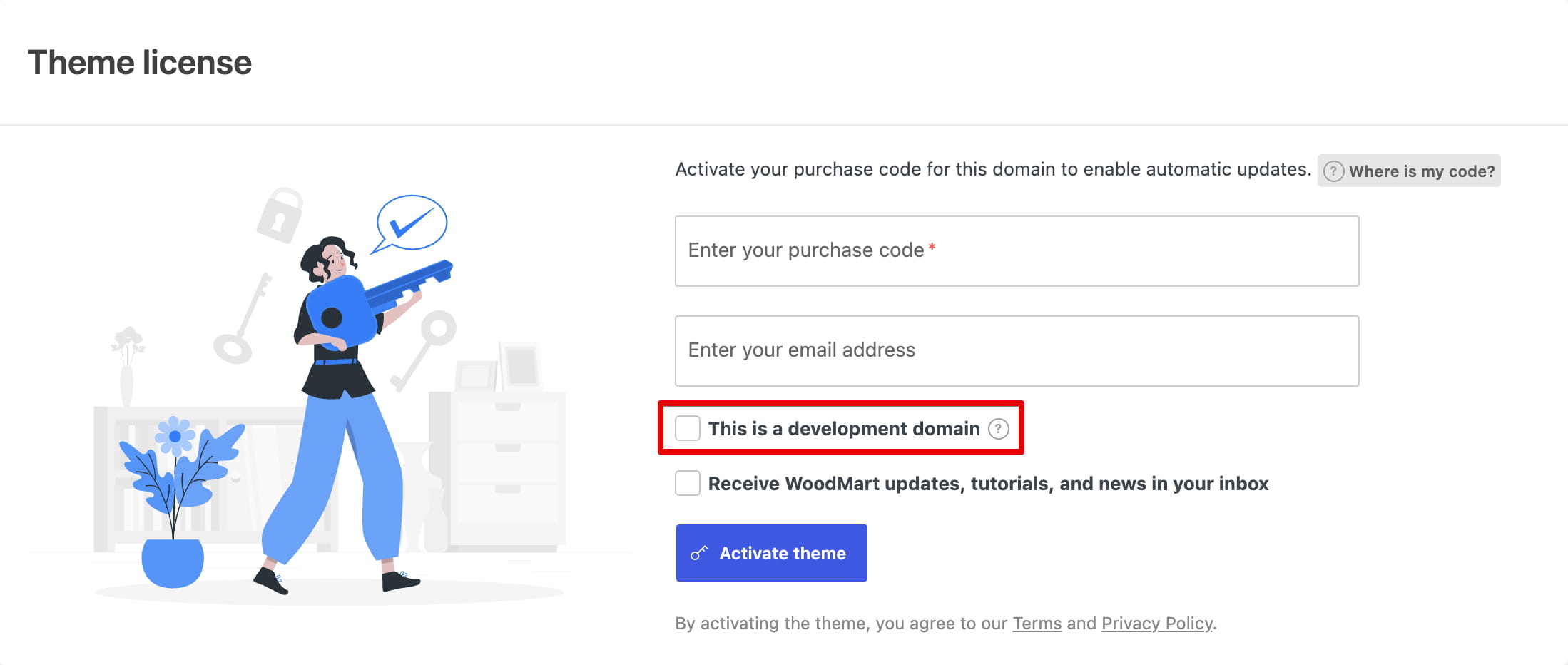 Theme license activation form with purchase code and email fields; the “This is a development domain” checkbox is highlighted