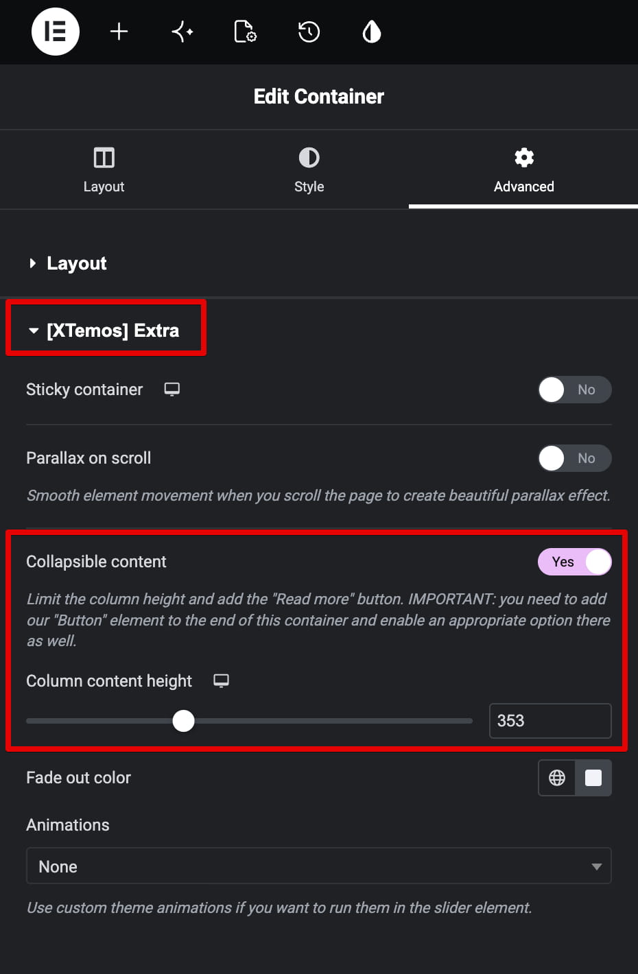 Screenshot of Edit Container’s Advanced settings, highlighting [XTemos] Extra and enabled collapsible content with height set to 353