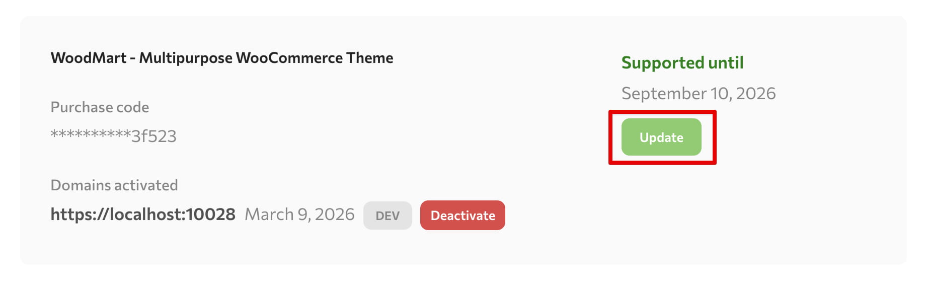 WoodMart theme license panel with the Update button highlighted