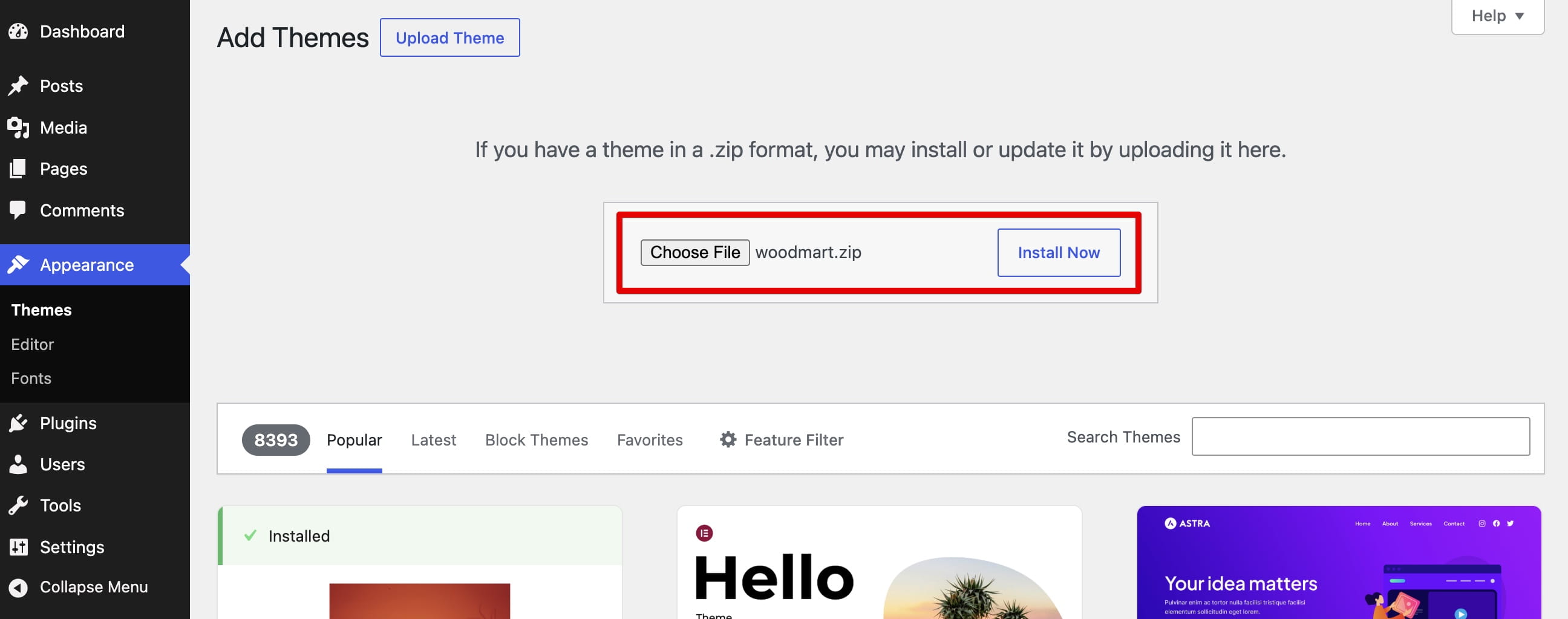 WordPress theme upload