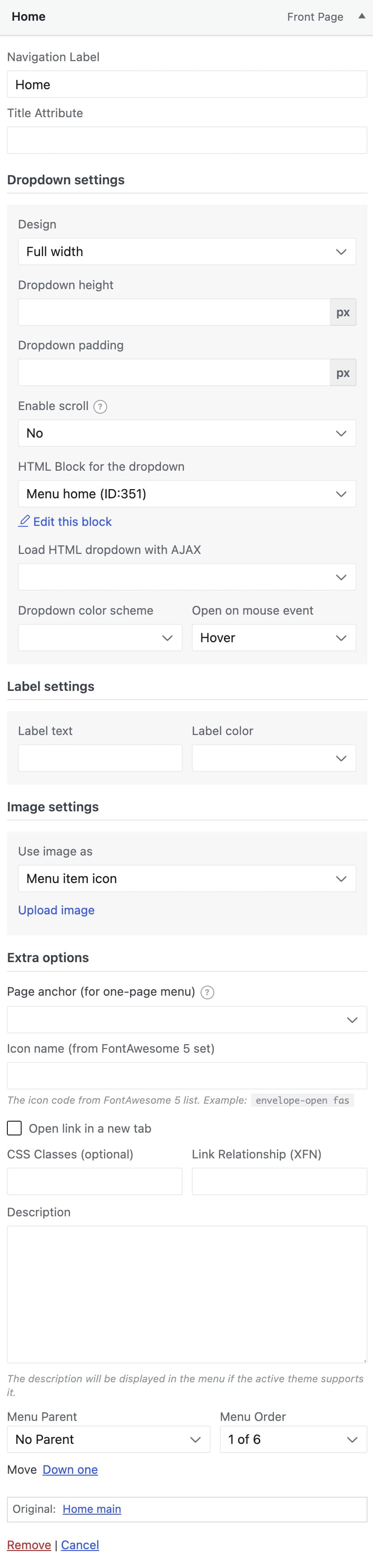 mega menu all item settings