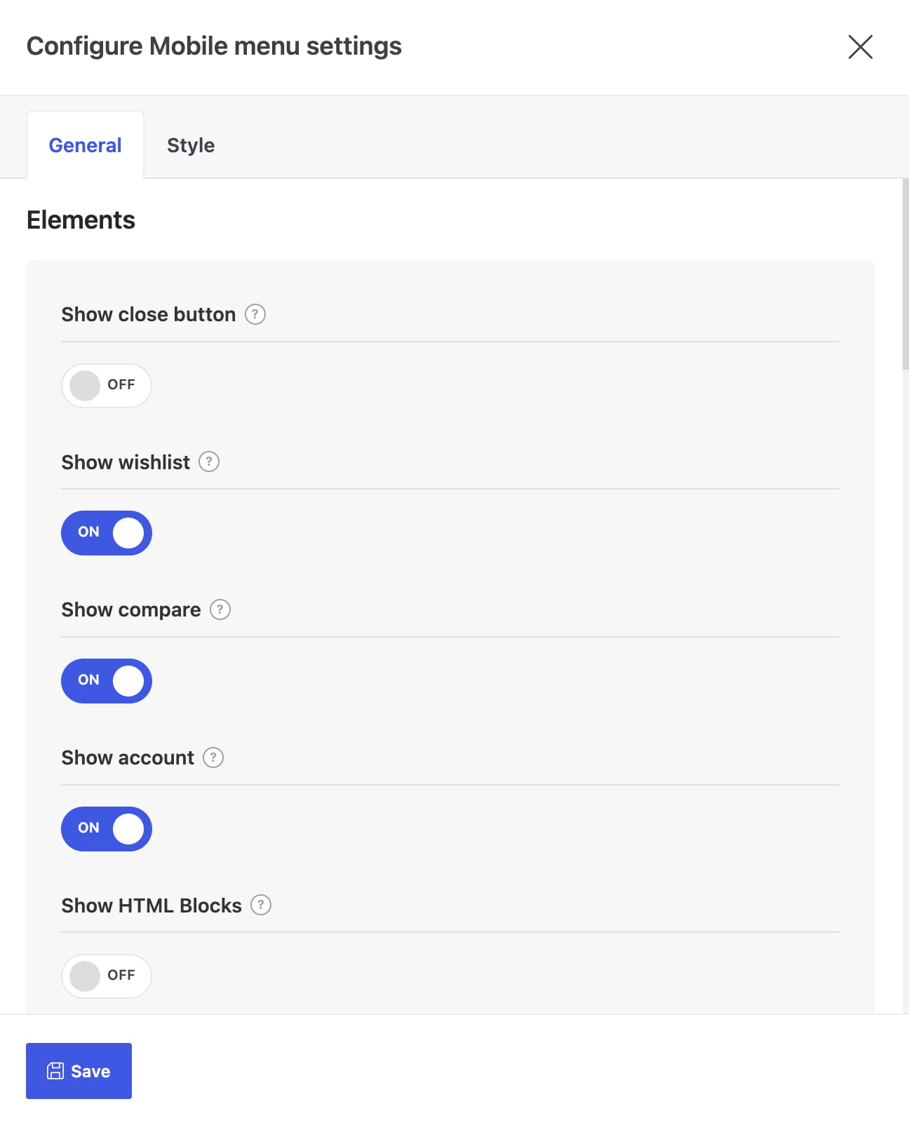 mobile menu settings