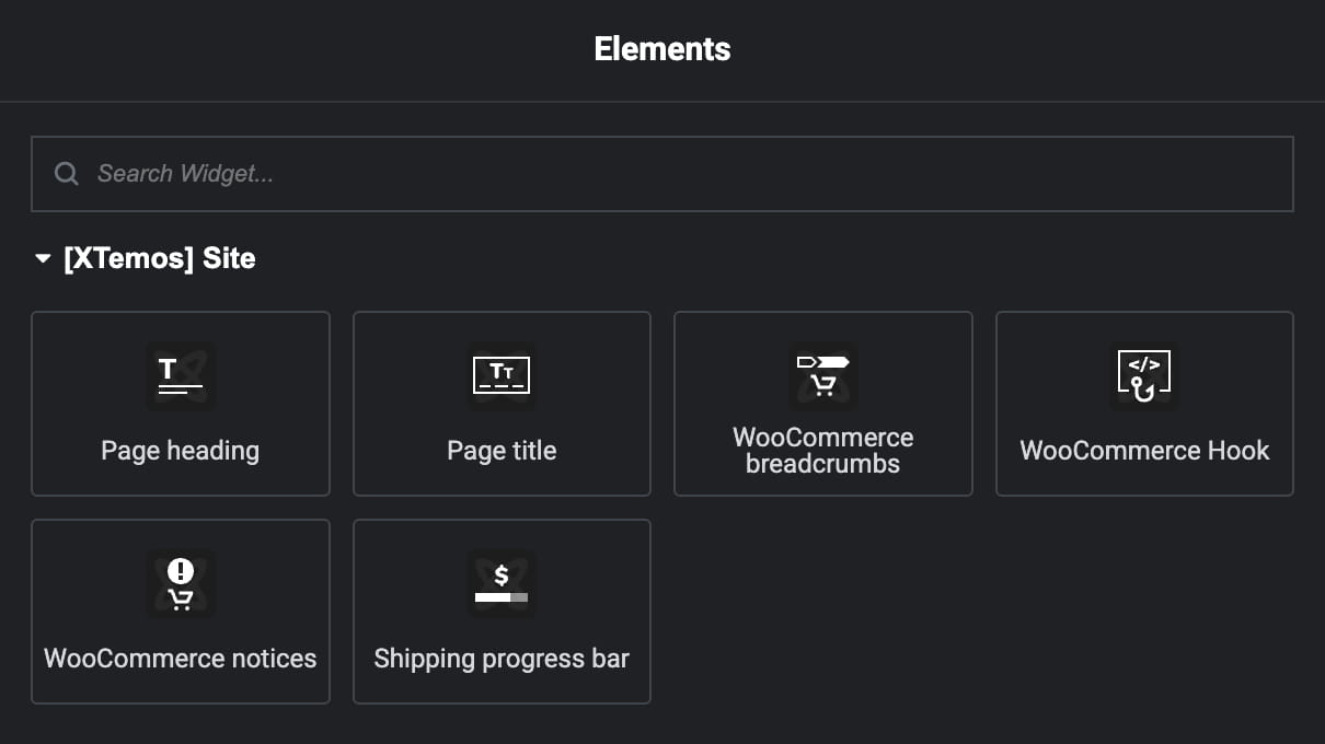 Elements panel showing site widgets in Elementor