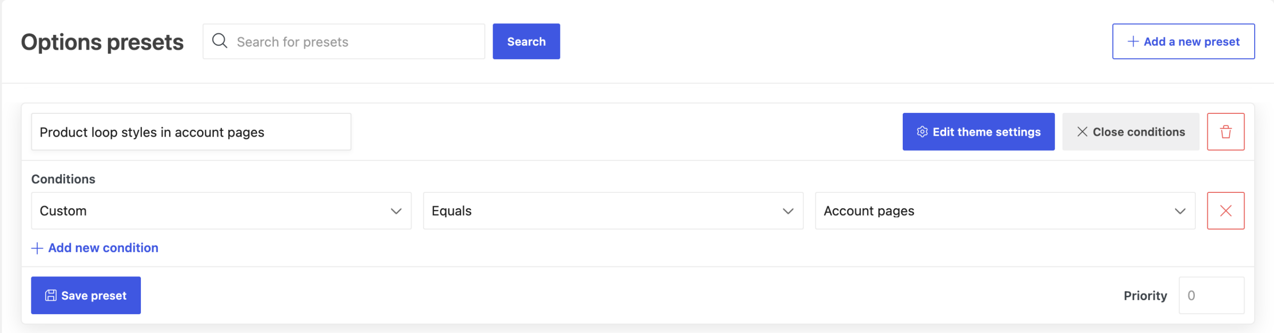 Theme Settings preset conditions for applying product loop styles to My Account pages