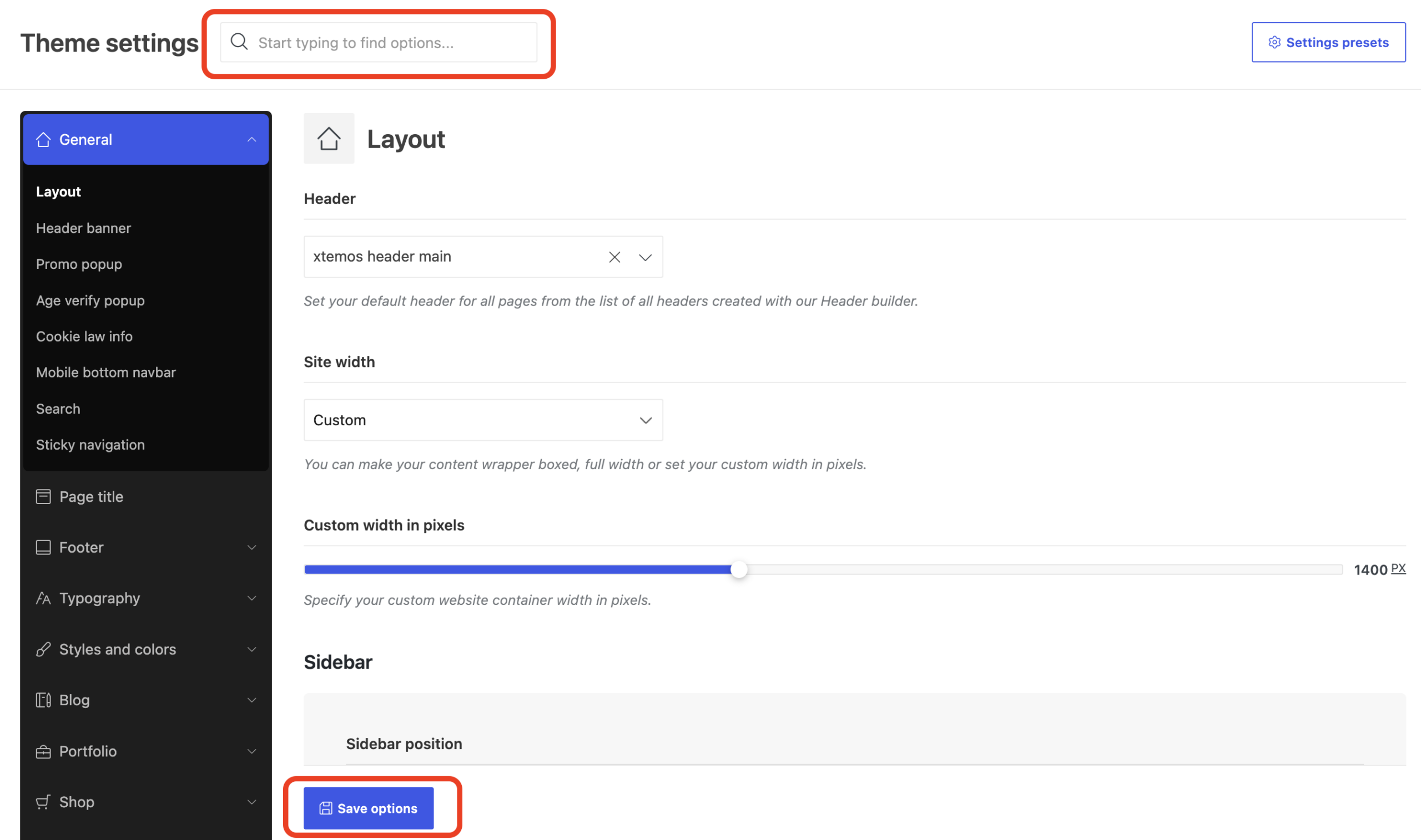 Search field and Save options button in WoodMart Theme Settings