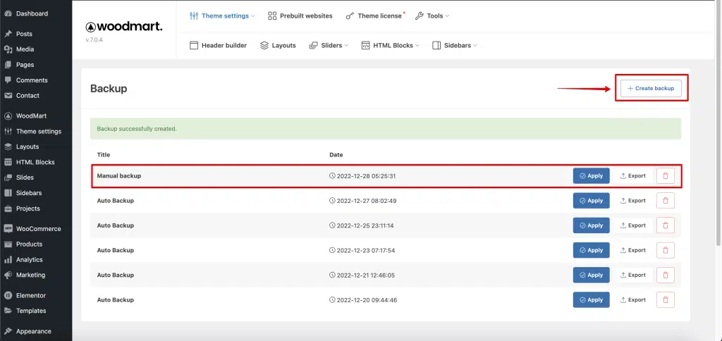 Manual and automatic backups with management actions in WoodMart