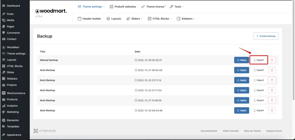 Import and export controls in WoodMart Theme Settings