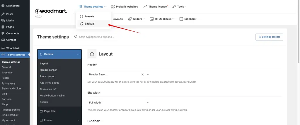 Theme settings backup page in the WoodMart dashboard
