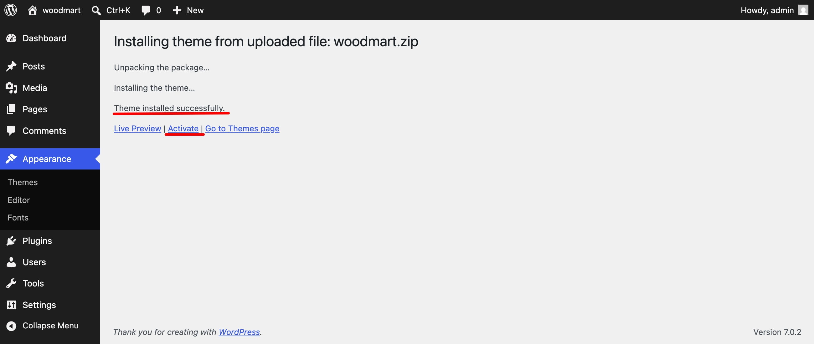 Theme installed successfully; activate the WoodMart theme