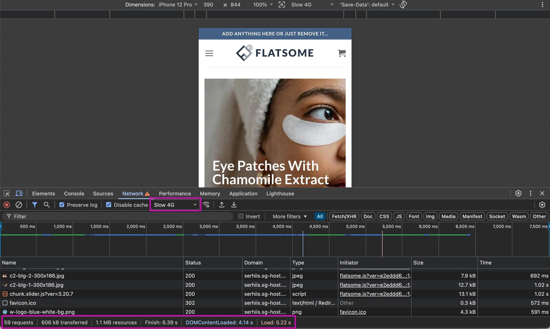 Chrome DevTools (Slow 4G) Test Results - Flatsome