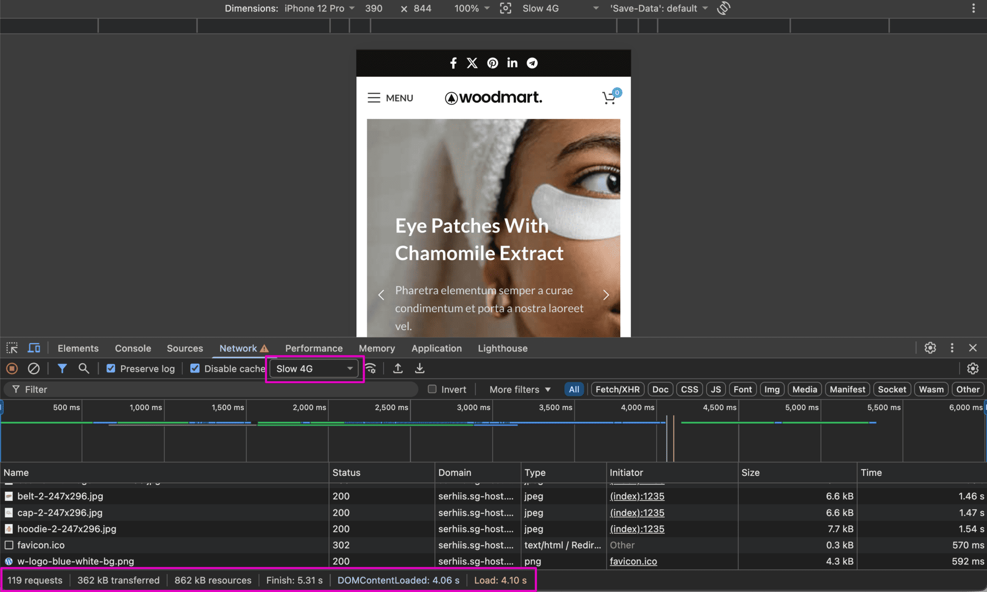 Chrome DevTools (Slow 4G) Test Results - WoodMart